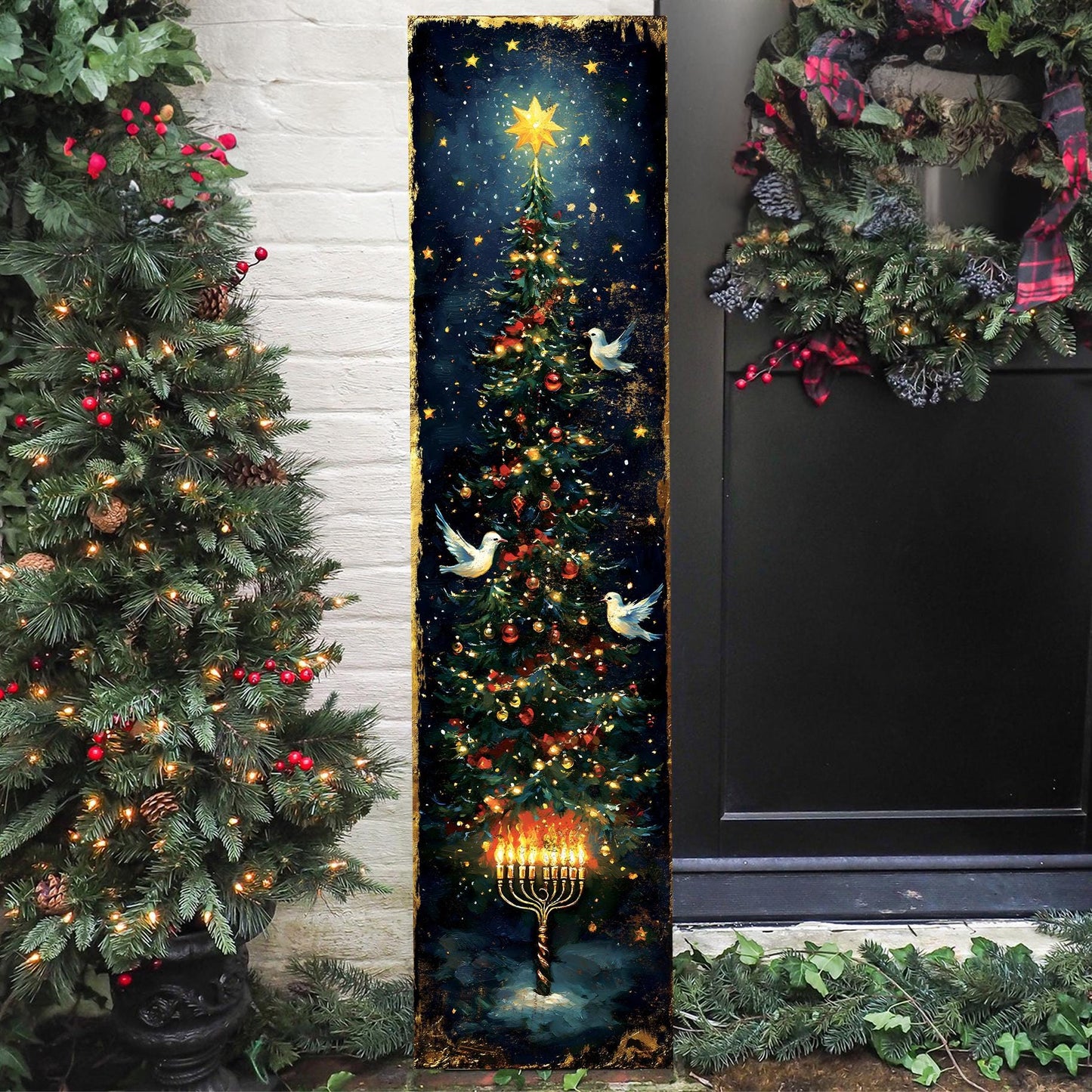 Hanukkah and Christmas Porch Sign | Menorah & Tree Design | Entryway Decor | UV Print | 3 Sizes