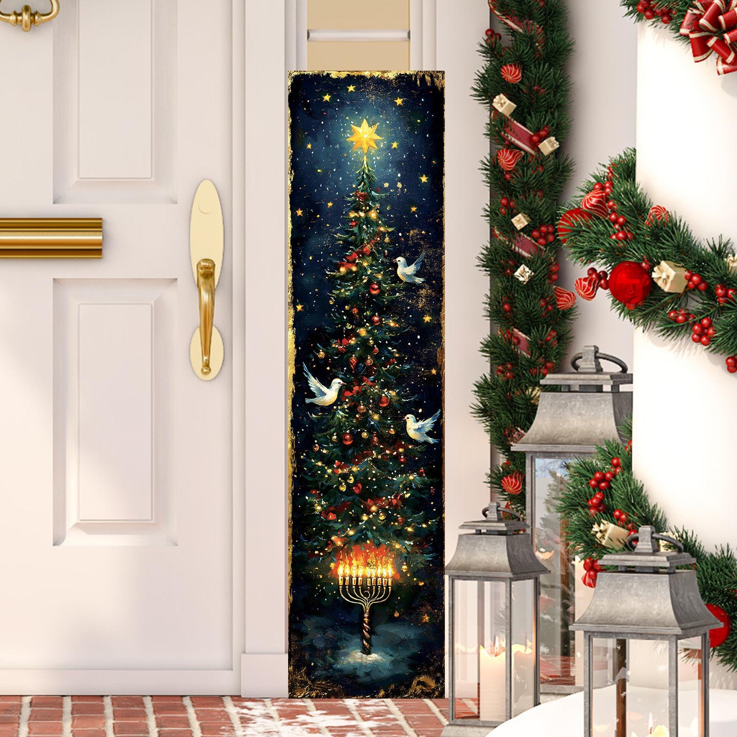 Hanukkah and Christmas Porch Sign | Menorah & Tree Design | Entryway Decor | UV Print | 3 Sizes