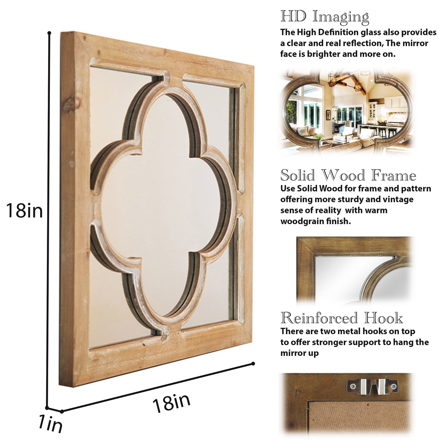 Wooden Dcor Square Wall Mirror, 18in Farmhouse Wall Mirror Decorative, Window Panel Farmhouse Decor for Living Room/ Bedroom