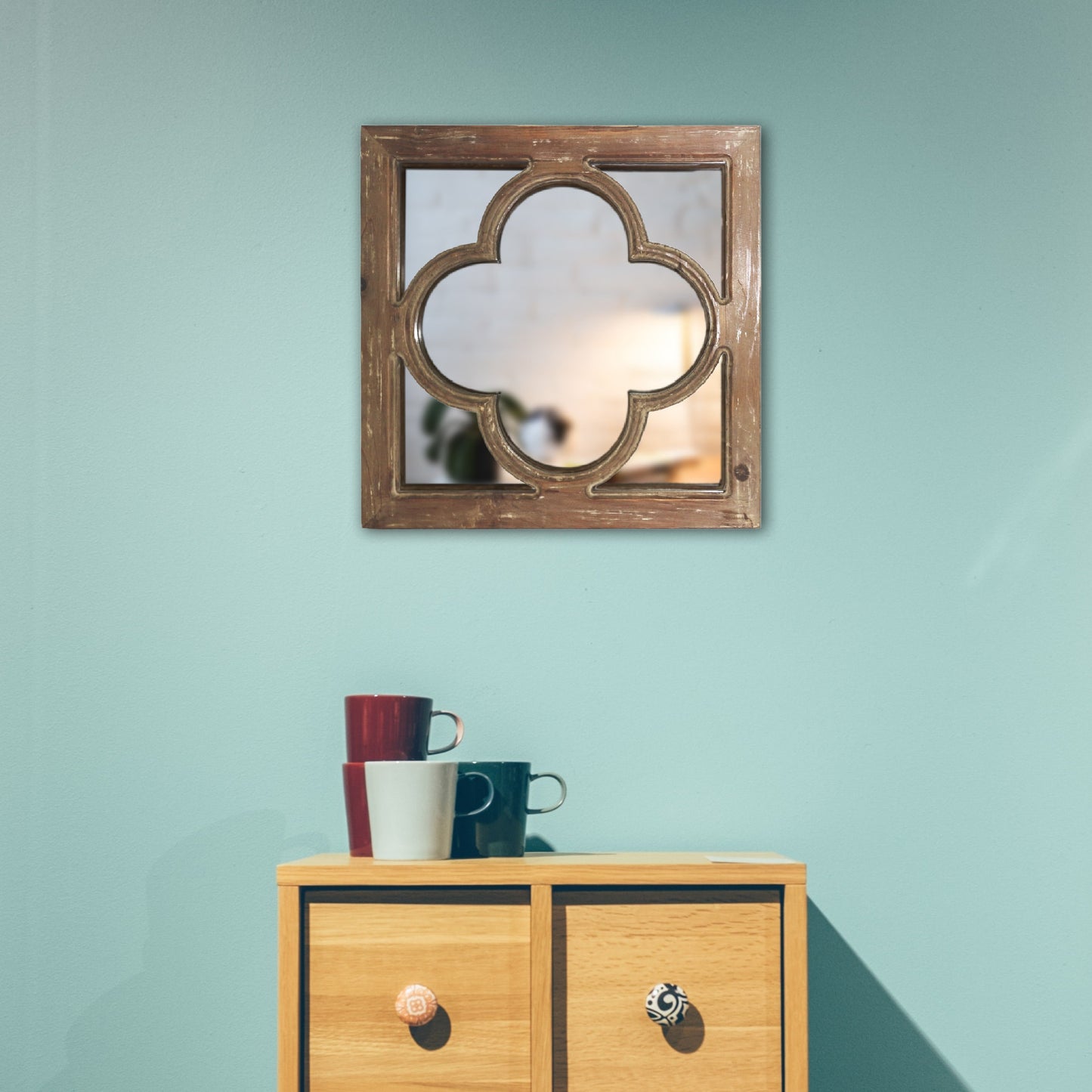 Wooden Dcor Square Wall Mirror, 18in Farmhouse Wall Mirror Decorative, Window Panel Farmhouse Decor for Living Room/ Bedroom