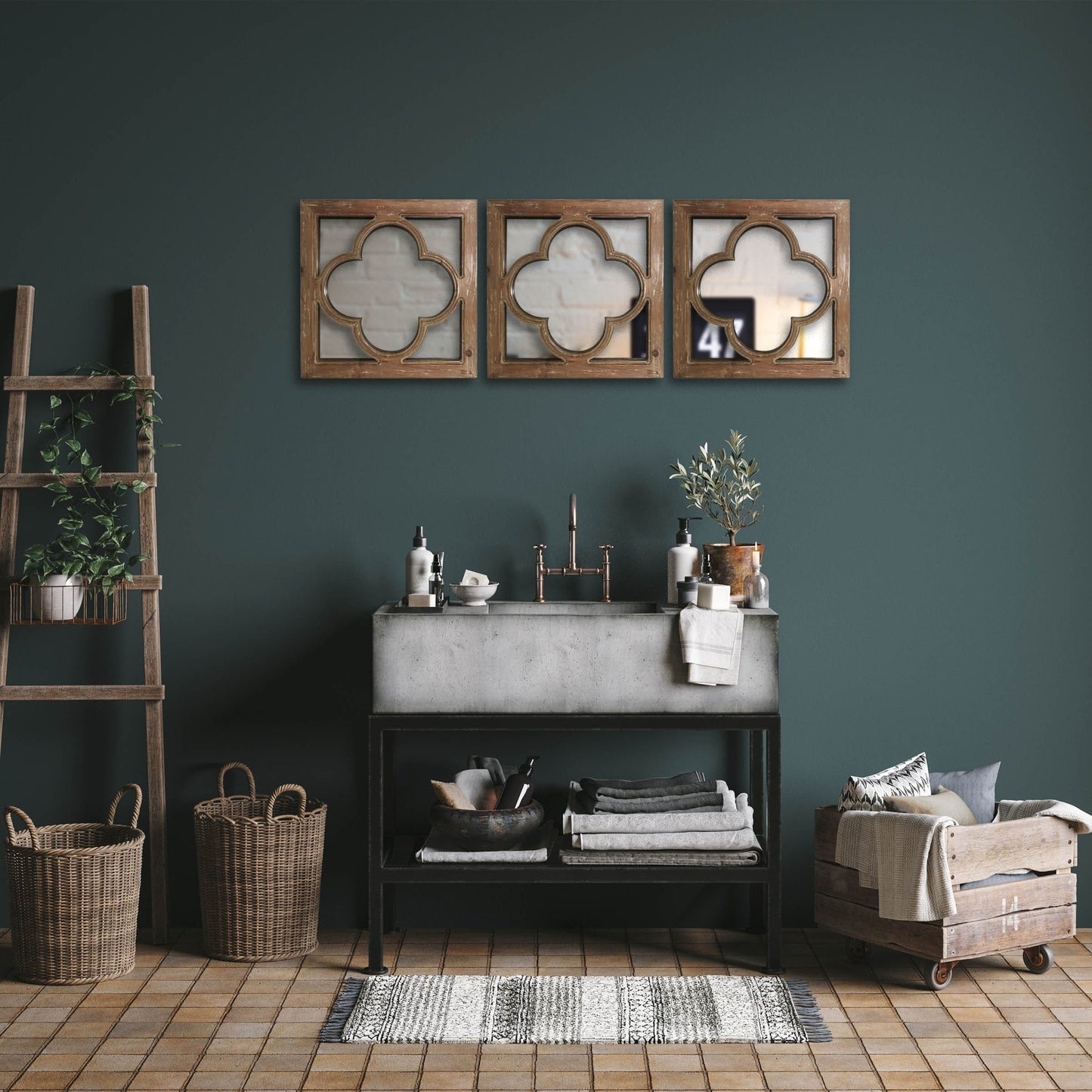 Wooden Dcor Square Wall Mirror, 18in Farmhouse Wall Mirror Decorative, Window Panel Farmhouse Decor for Living Room/ Bedroom