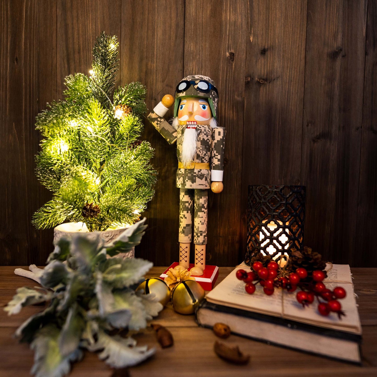 14IN Army Soldier Nutcracker | Military-Themed Christmas Decoration | Hand-Painted Wooden Holiday Decor | Tabletop Nutcracker Figure