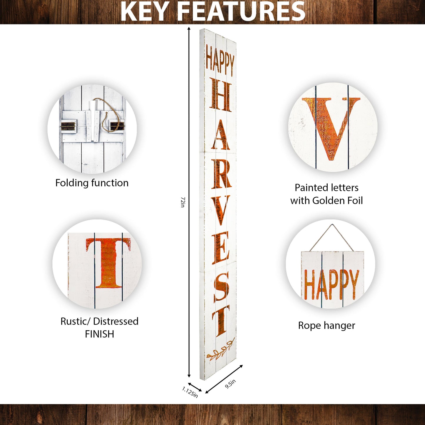 72in Fall 'Happy Harvest' Rustic Porch Sign for Front Door - Vertical Wooden Welcome Sign for Front Porch