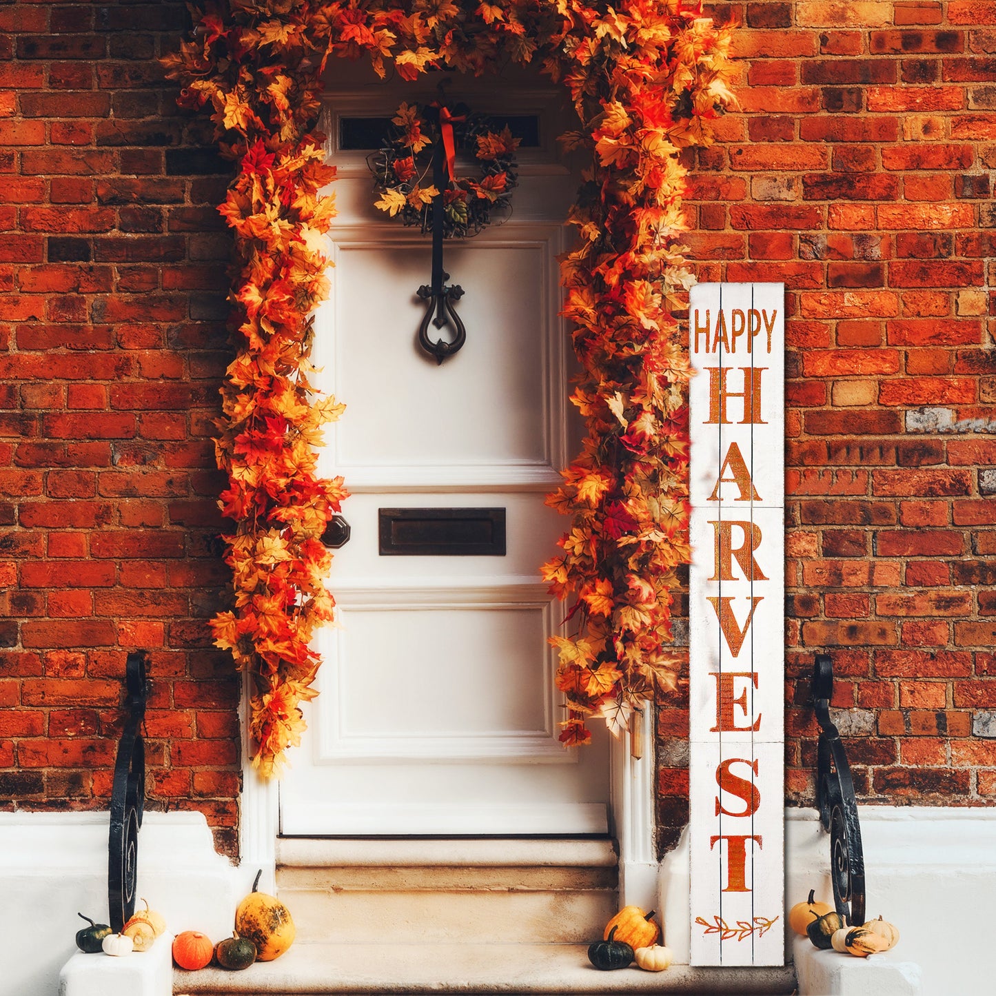 72in Fall 'Happy Harvest' Rustic Porch Sign for Front Door - Vertical Wooden Welcome Sign for Front Porch