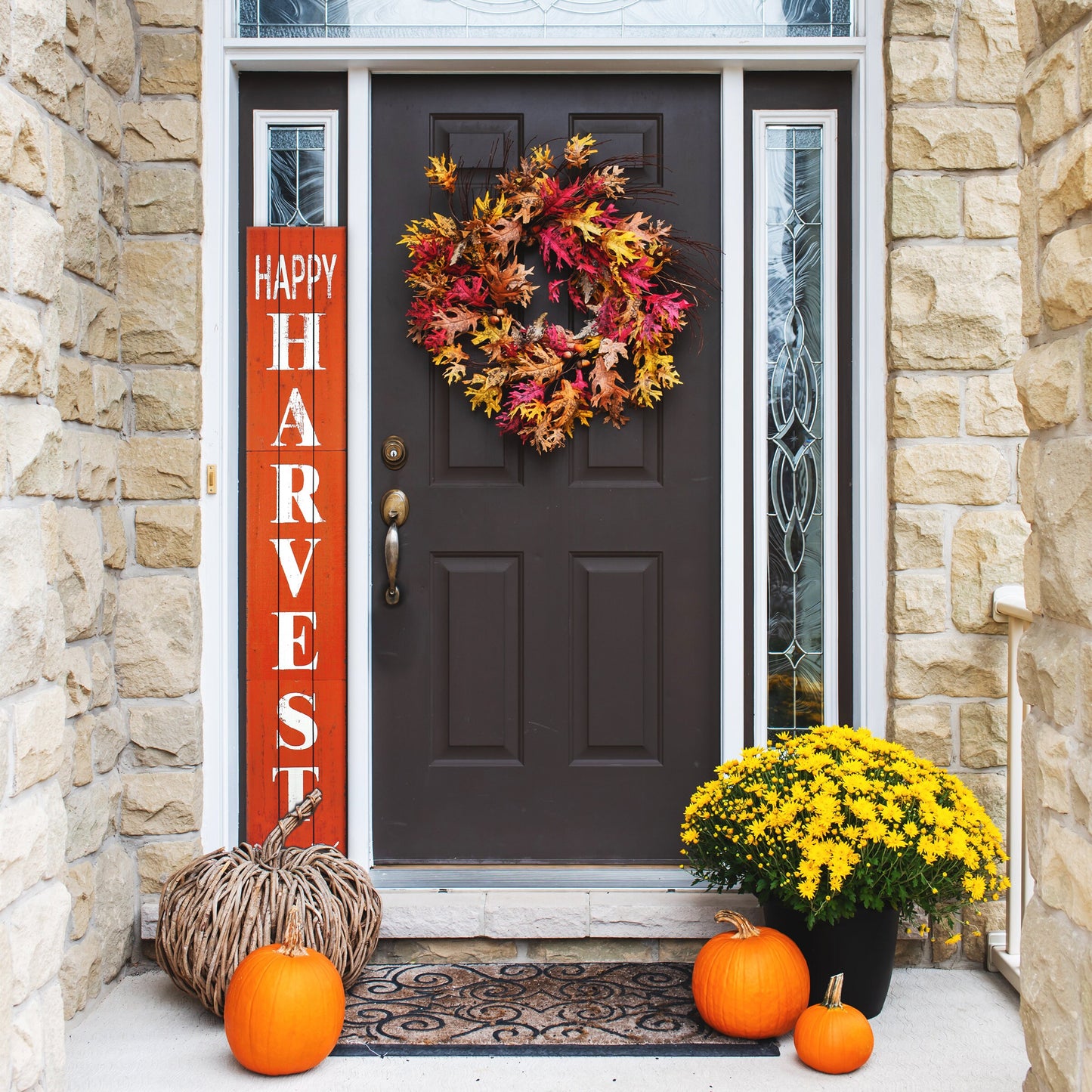 72in Outdoor Happy Harvest Rustic Craft Porch Sign for Front Door, 6ft Vertical Wooden Welcome Sign for Front Porch