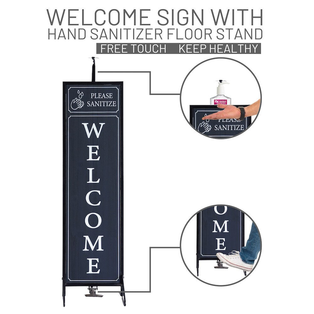 Welcome Sign with Floor Standing Foot Pedal Hand Sanitizer Dispenser Stand 48-Inch (Black)