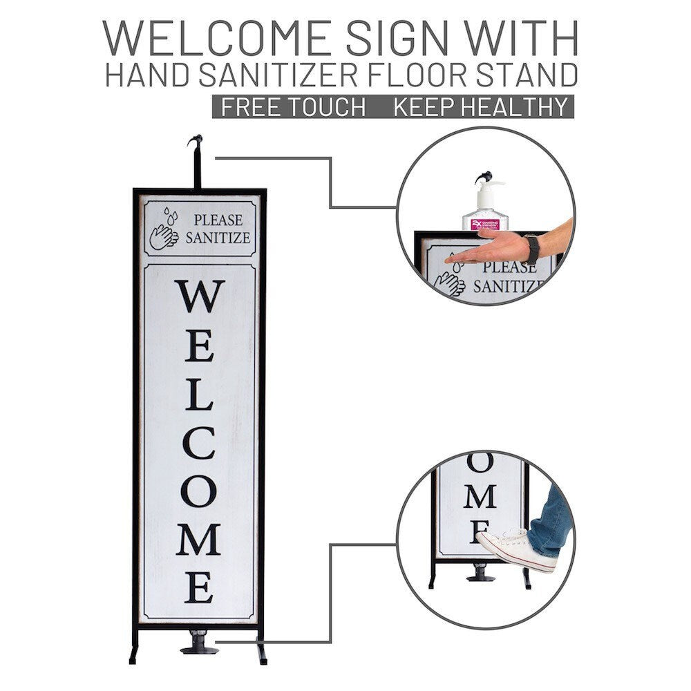 Welcome Sign with Floor Standing Foot Pedal Hand Sanitizer Dispenser Stand 48-Inch (White)