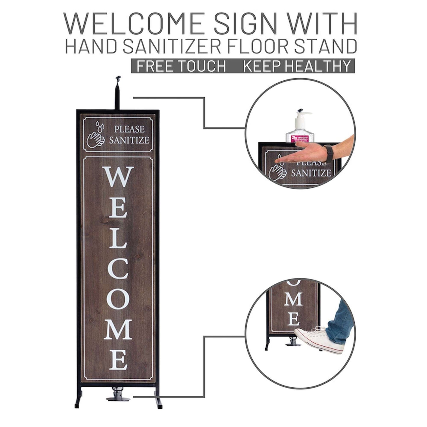 Welcome Sign with Floor Standing Foot Pedal Hand Sanitizer Dispenser Stand 48-Inch (Brown)