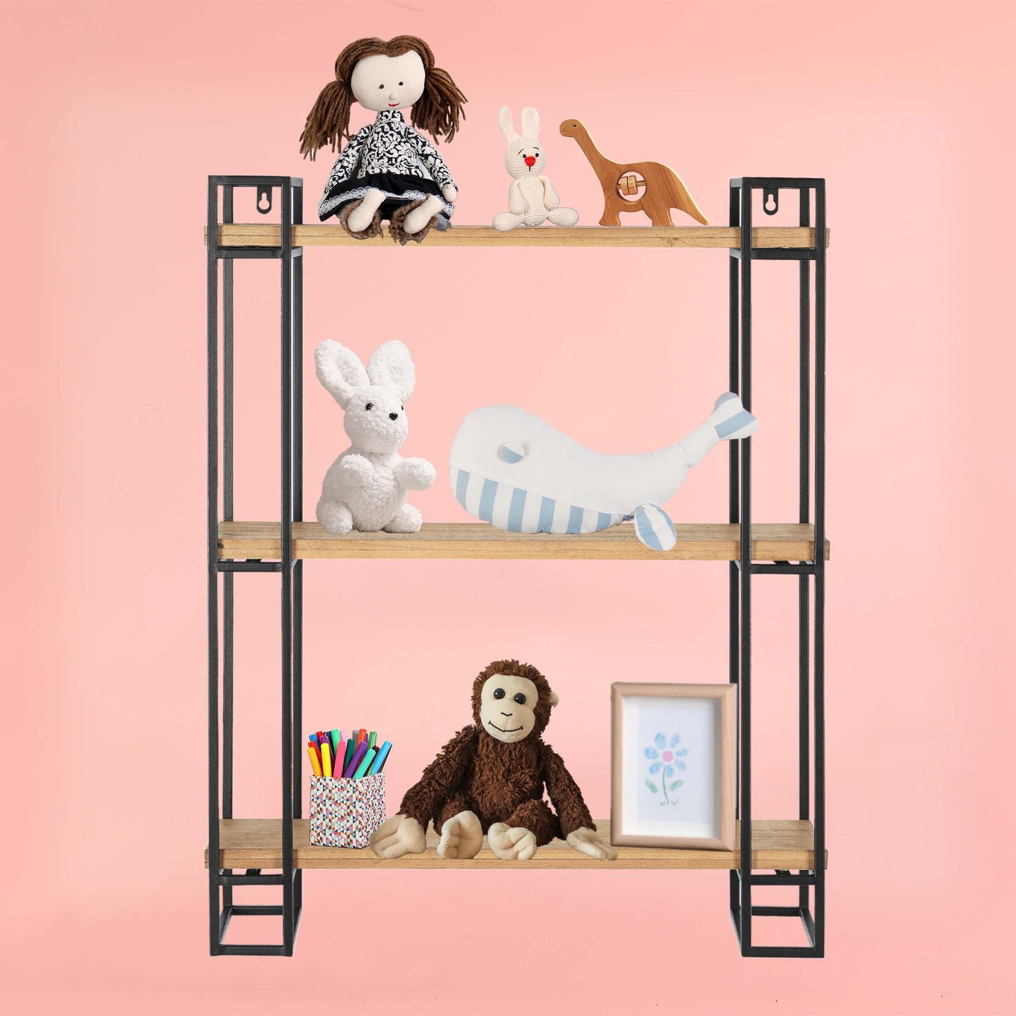 30H Wood and Black Metal Wall-Mount Display Shelf, Wall Shelves Organizer