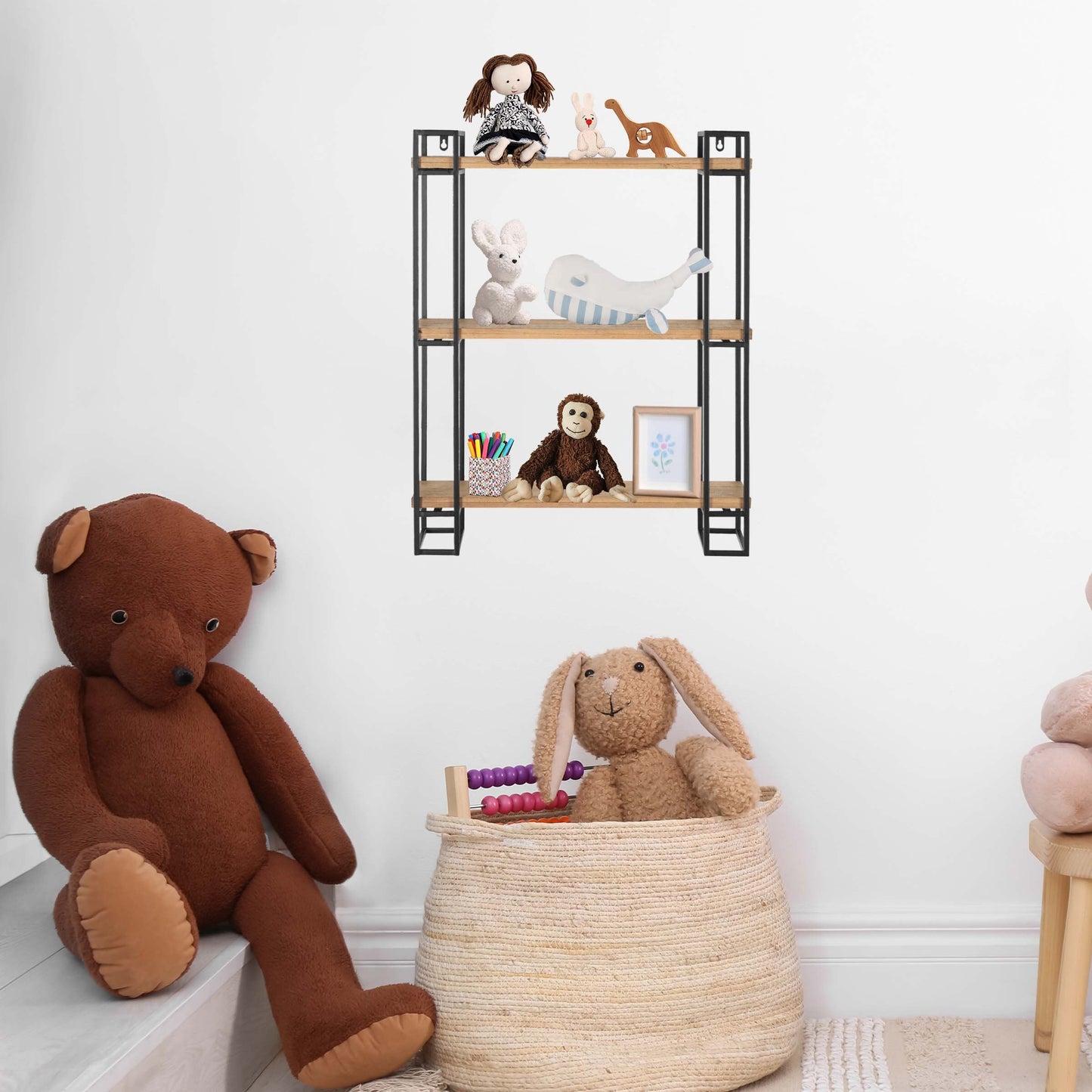 30H Wood and Black Metal Wall-Mount Display Shelf, Wall Shelves Organizer