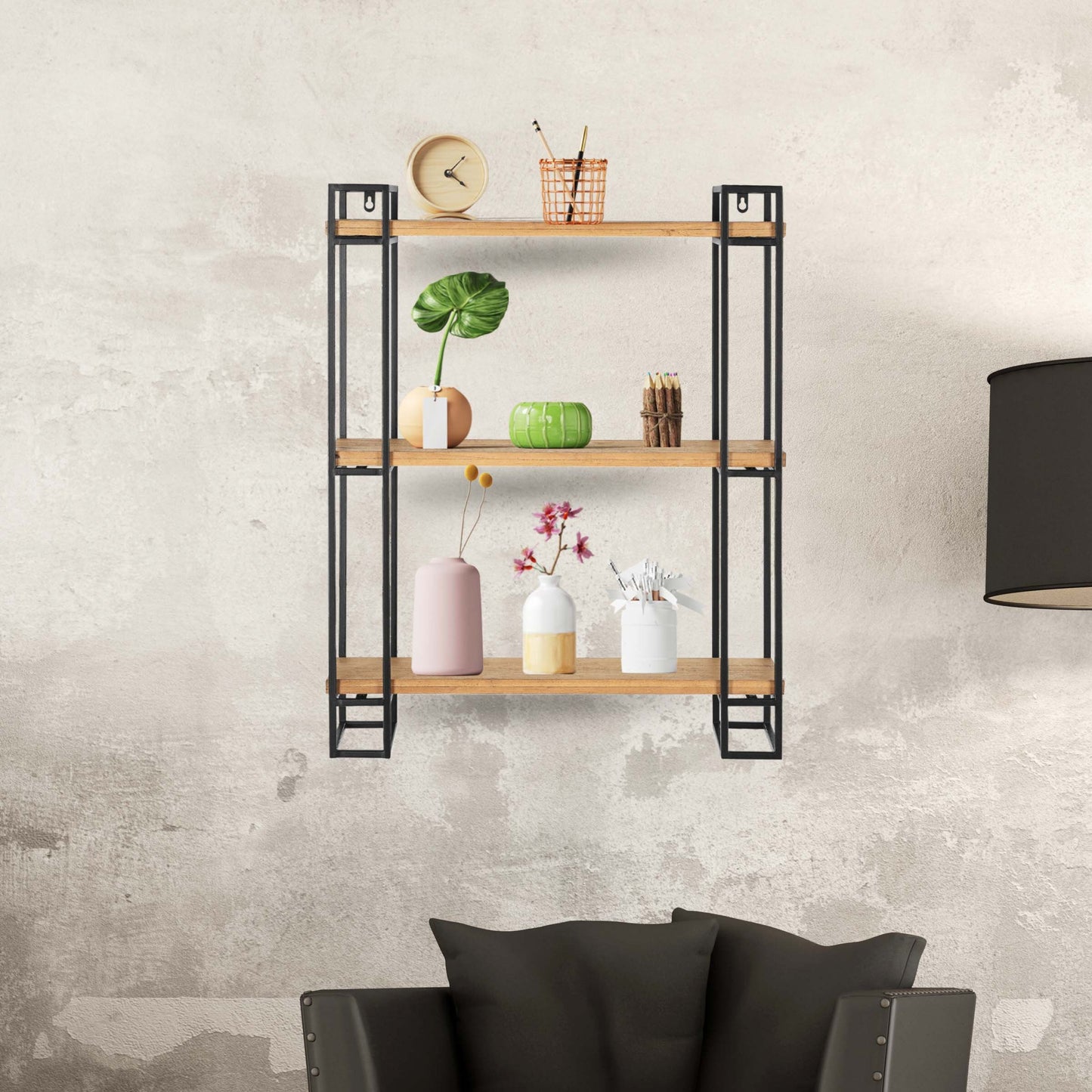30H Wood and Black Metal Wall-Mount Display Shelf, Wall Shelves Organizer