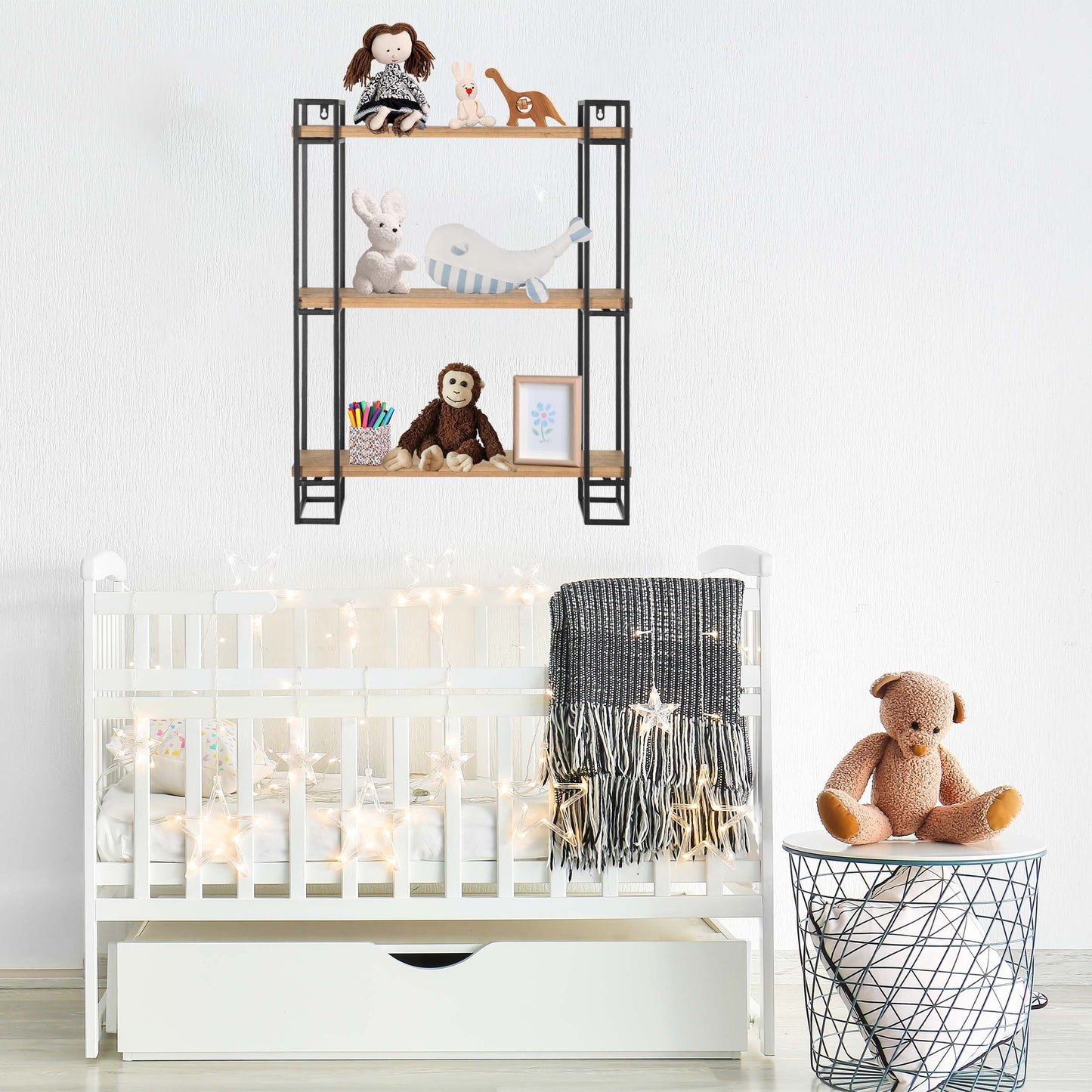 30H Wood and Black Metal Wall-Mount Display Shelf, Wall Shelves Organizer