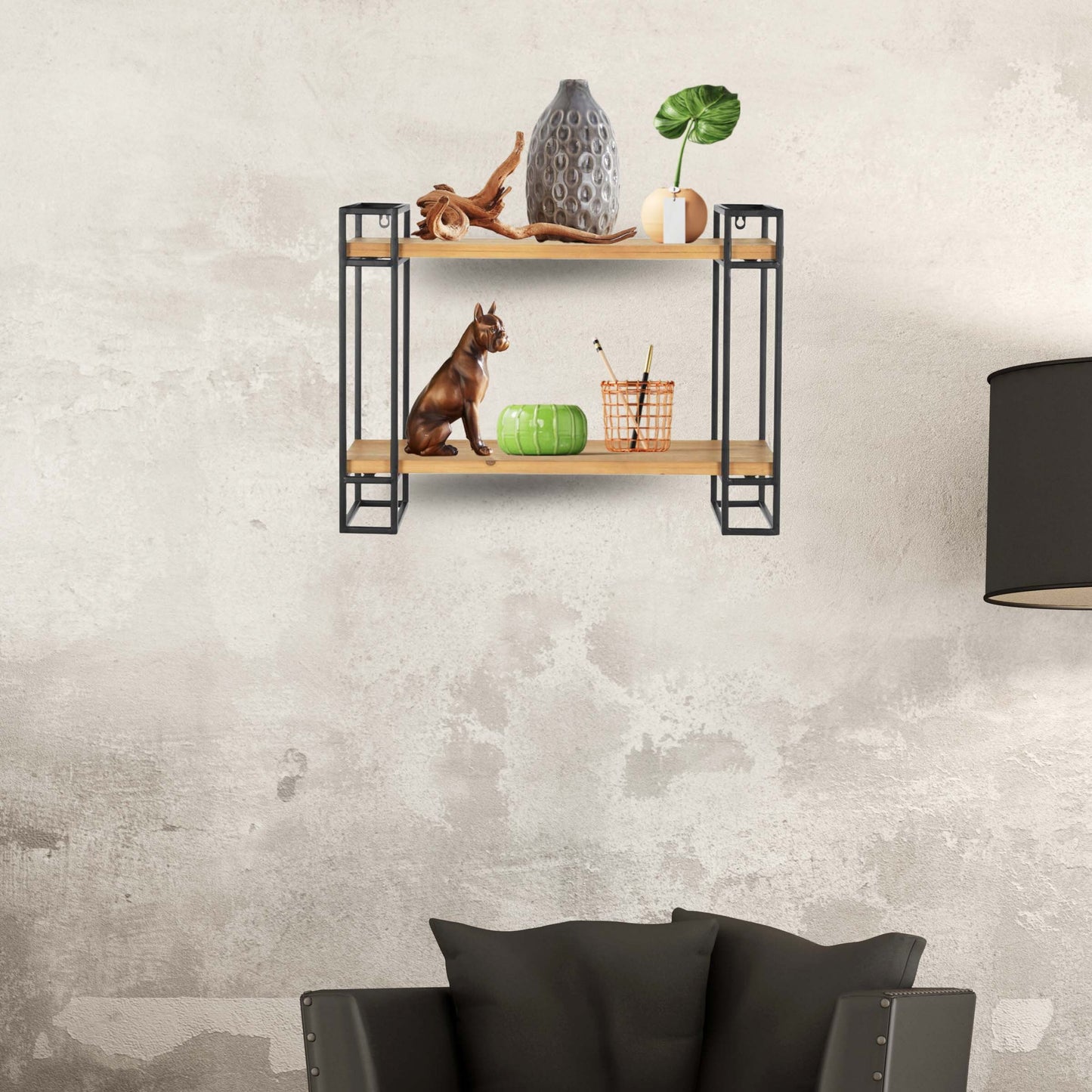 18H Wood and Black Metal Wall-Mount Display Shelf, Wall Shelves Organizer