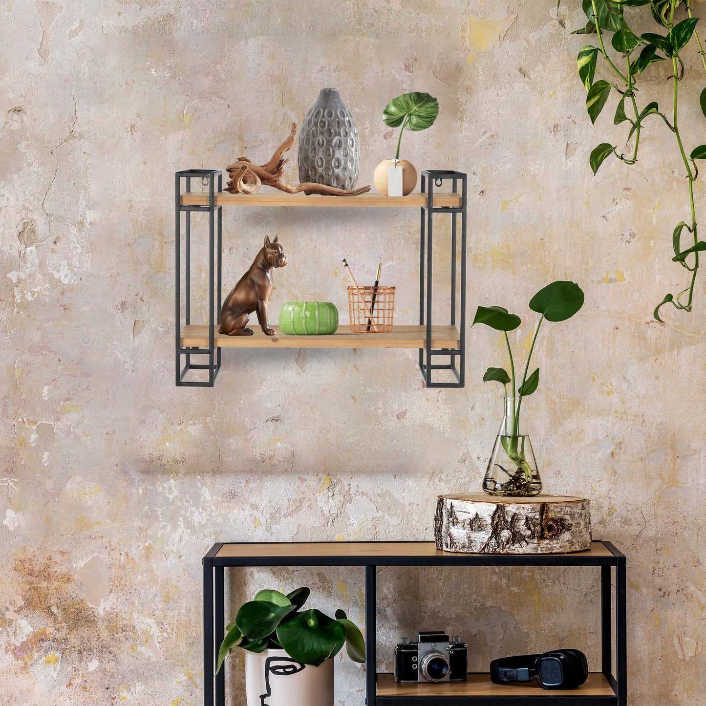 18H Wood and Black Metal Wall-Mount Display Shelf, Wall Shelves Organizer