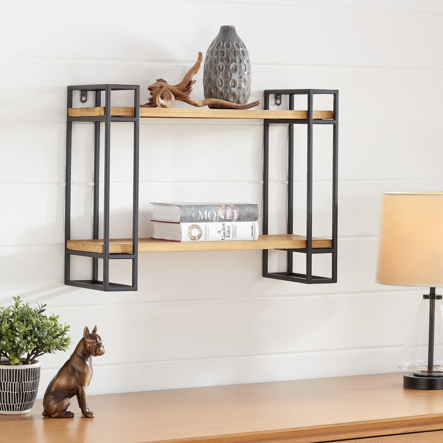 18H Wood and Black Metal Wall-Mount Display Shelf, Wall Shelves Organizer