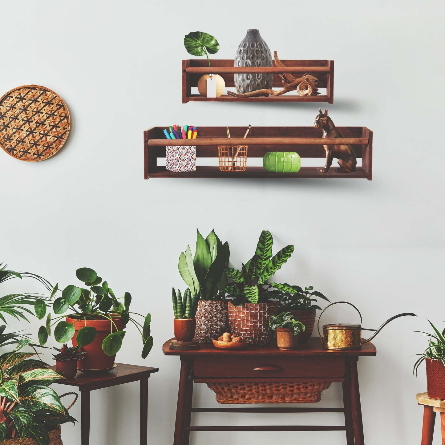 Wood Floating Wall Shelves Set of 2, Wall Shelves Organizer (Dark Stain)