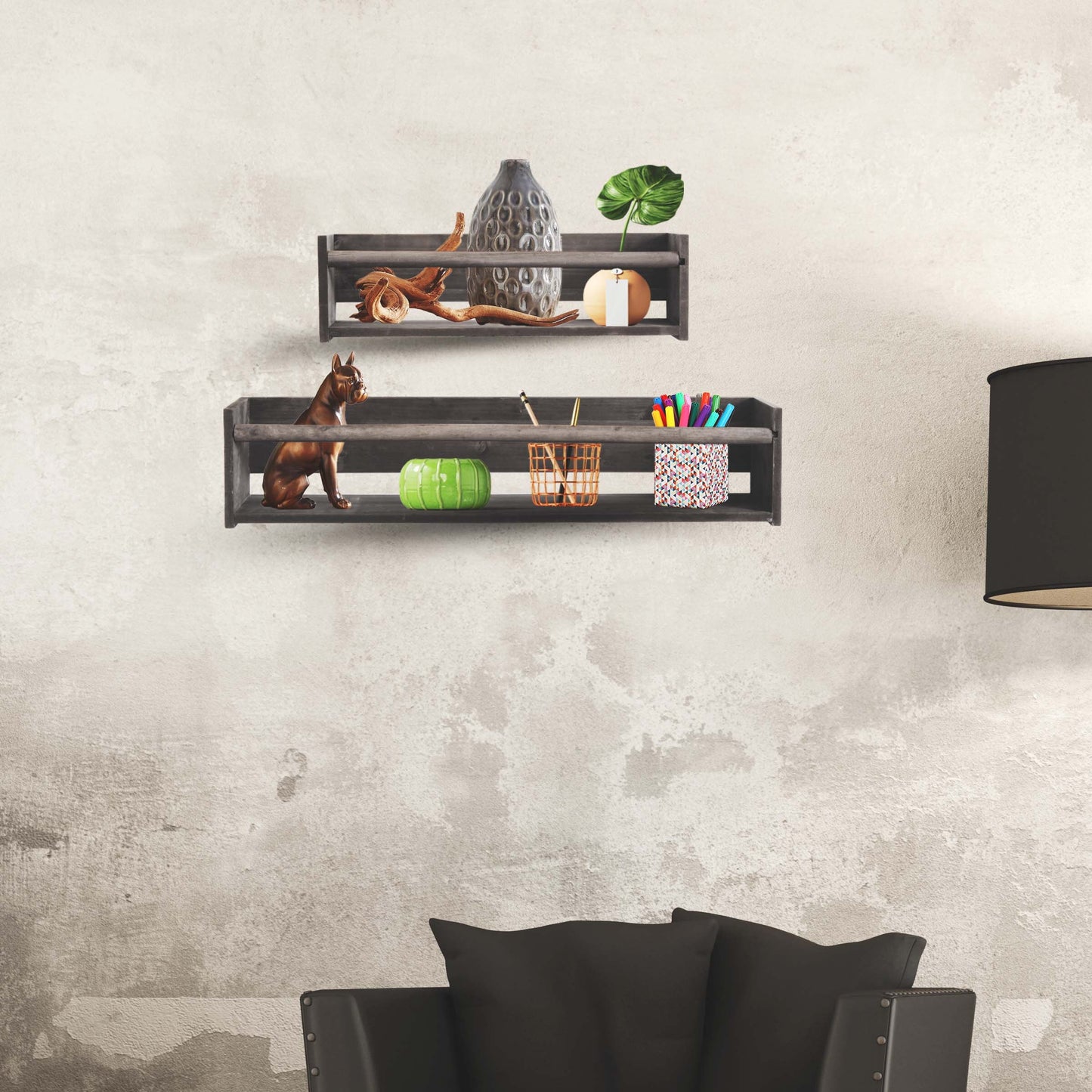 Wood Floating Wall Shelves Set of 2, Wall Shelves Organizer (Distressed Gray)