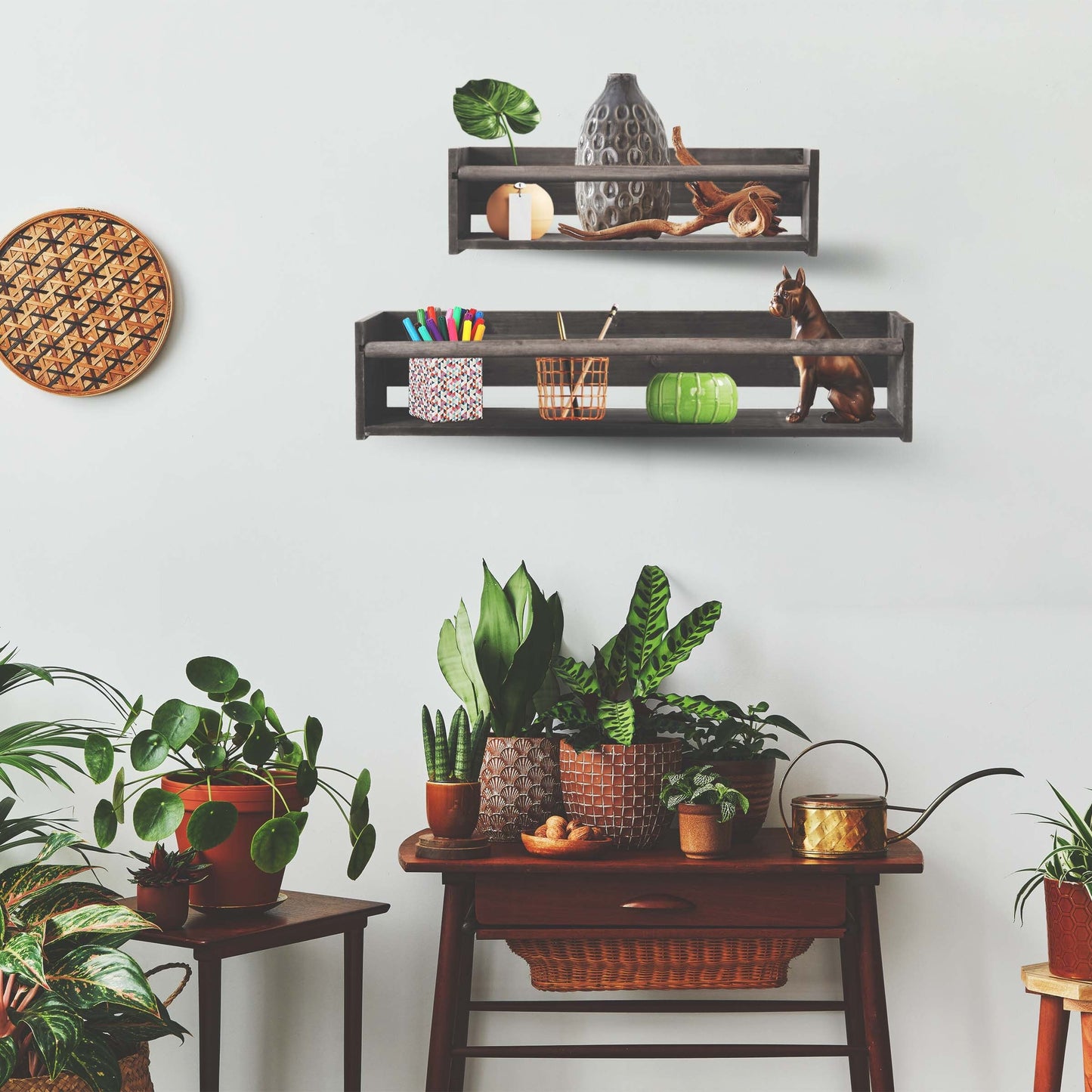 Wood Floating Wall Shelves Set of 2, Wall Shelves Organizer (Distressed Gray)