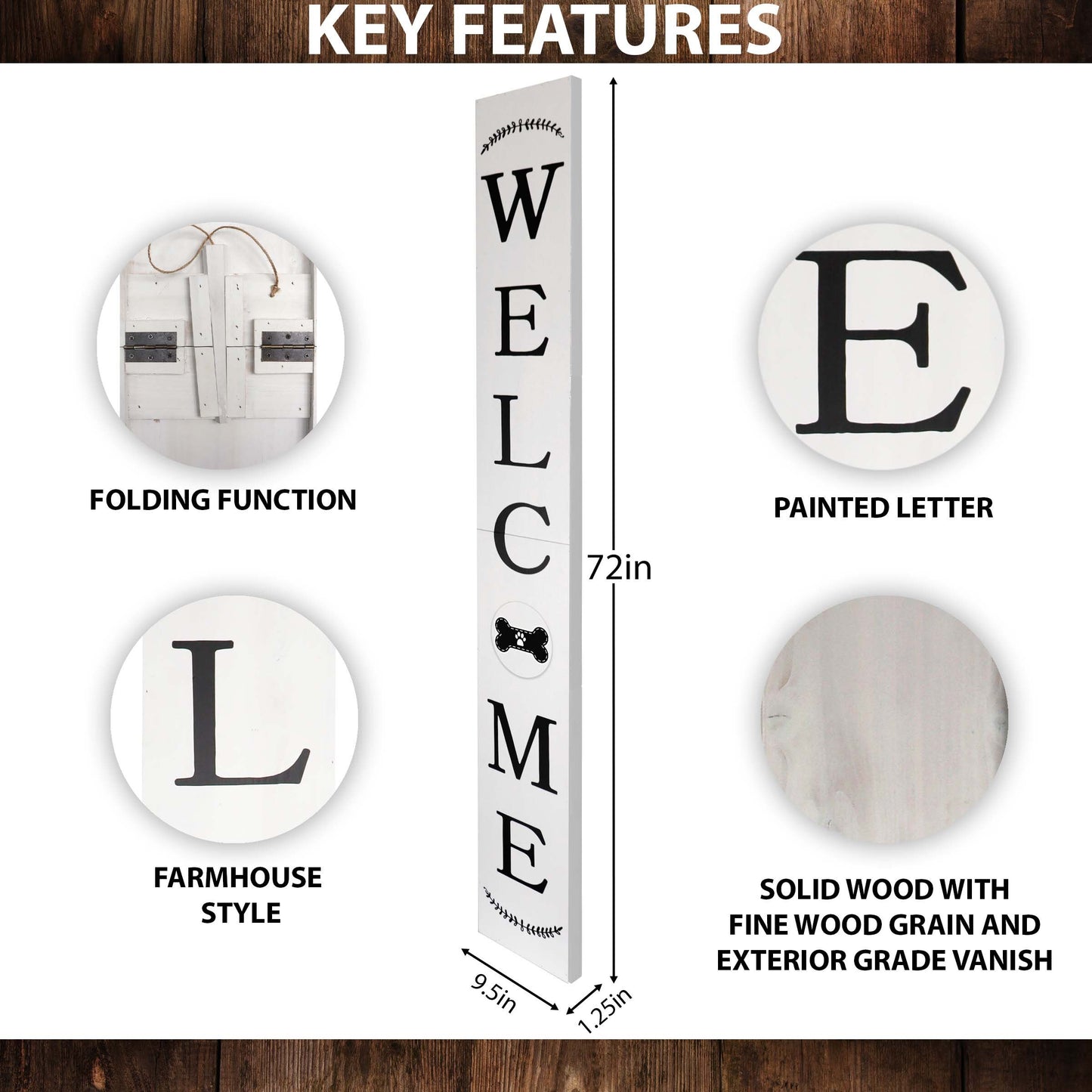 72in Outdoor Welcome Sign for Front Door with Dog Bone Paw, 6ft White Welcome Sign,Rustic Tall Welcome Sign for Front Porch Decor