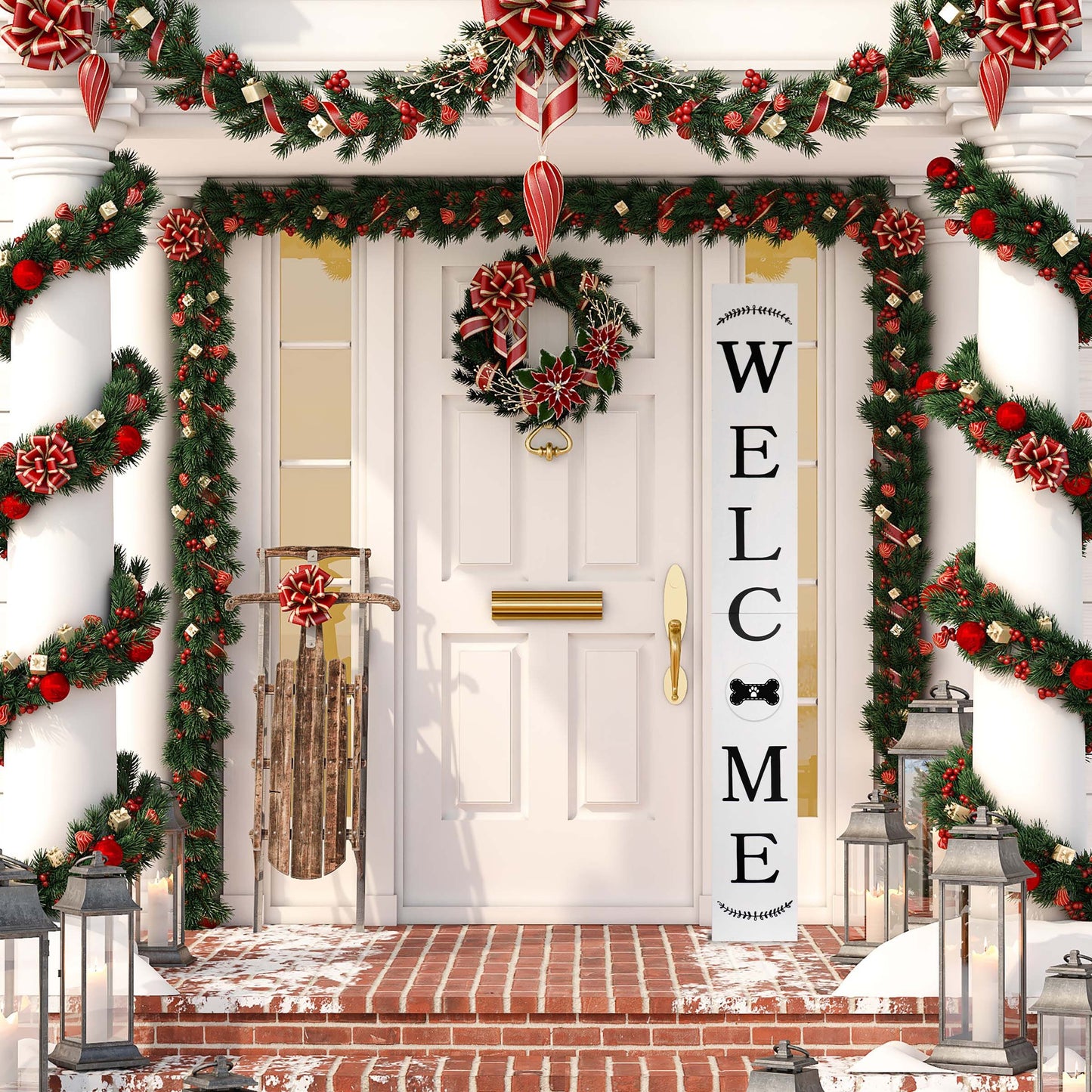 72in Outdoor Welcome Sign for Front Door with Dog Bone Paw, 6ft White Welcome Sign,Rustic Tall Welcome Sign for Front Porch Decor