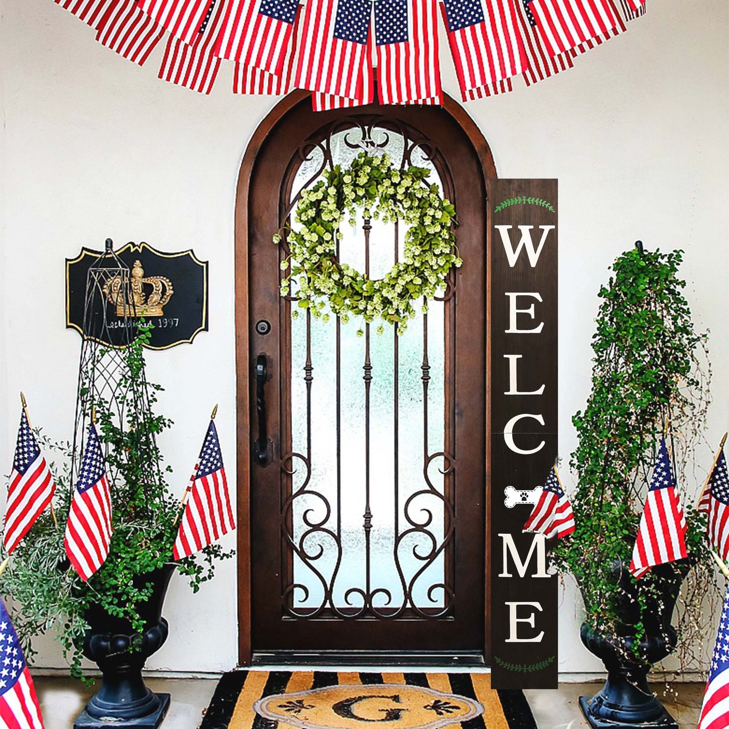 72in Outdoor Welcome Sign for Front Door with Dog Bone Paw, 6ft Brown Welcome Sign,Rustic Tall Welcome Sign for Front Porch Decor