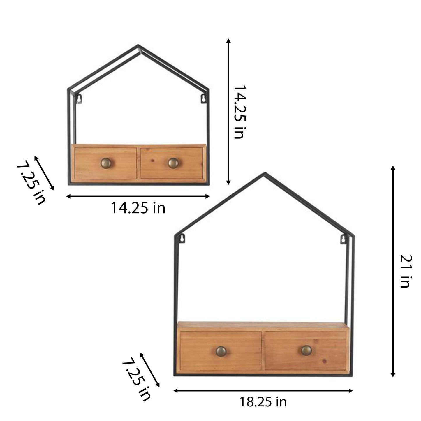 Set of 2 Wood and Black Metal Wall-Mounted Display Bookshelf with 2 Drawers, Wall Shelves Organizer