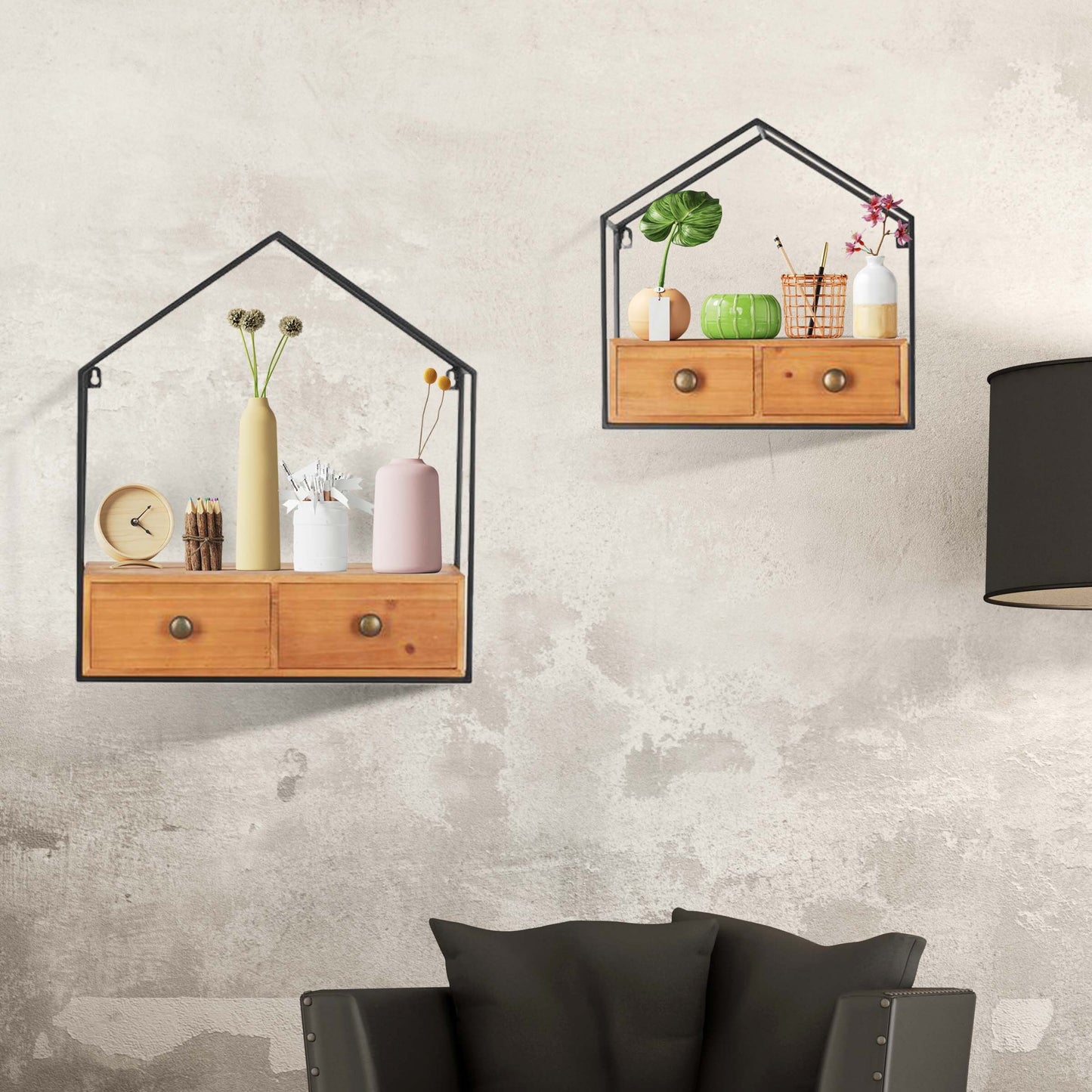 Set of 2 Wood and Black Metal Wall-Mounted Display Bookshelf with 2 Drawers, Wall Shelves Organizer