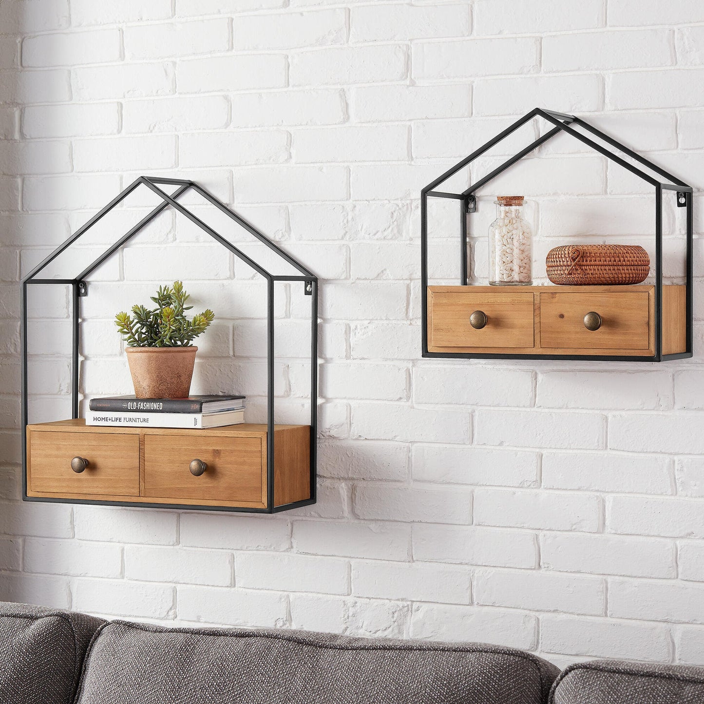 Set of 2 Wood and Black Metal Wall-Mounted Display Bookshelf with 2 Drawers, Wall Shelves Organizer