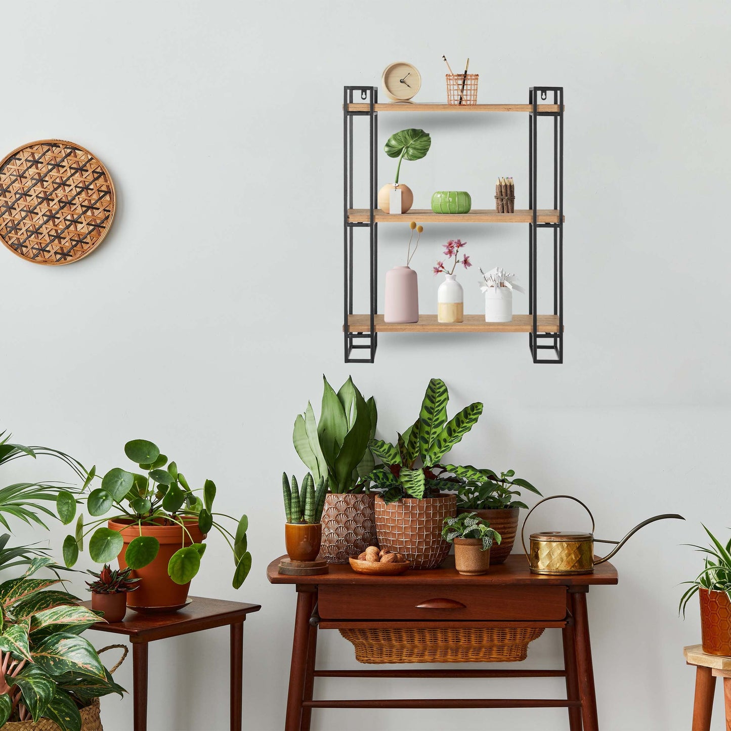 30H Wood and Black Metal Wall-Mount Display Shelf, Wall Shelves Organizer