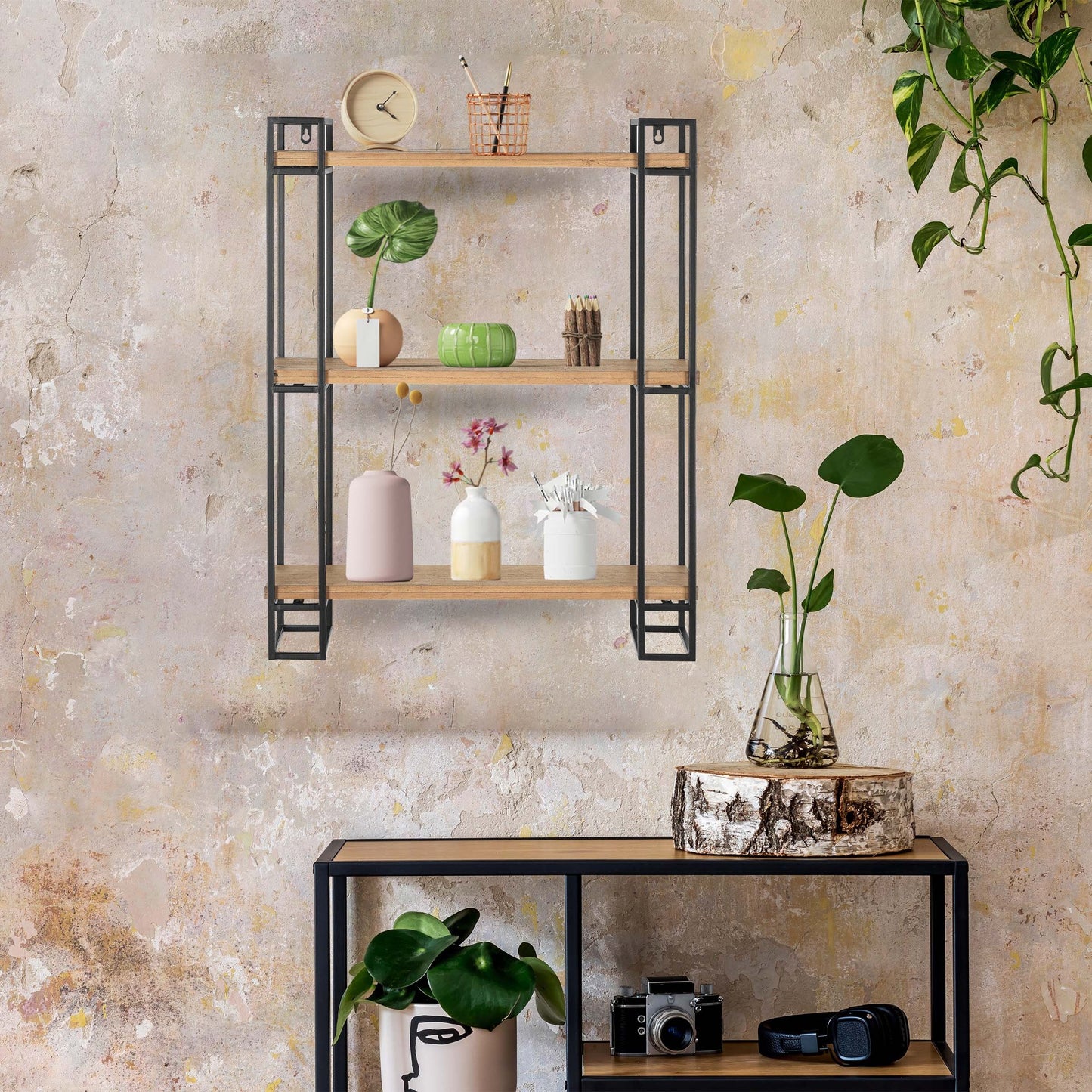 30H Wood and Black Metal Wall-Mount Display Shelf, Wall Shelves Organizer