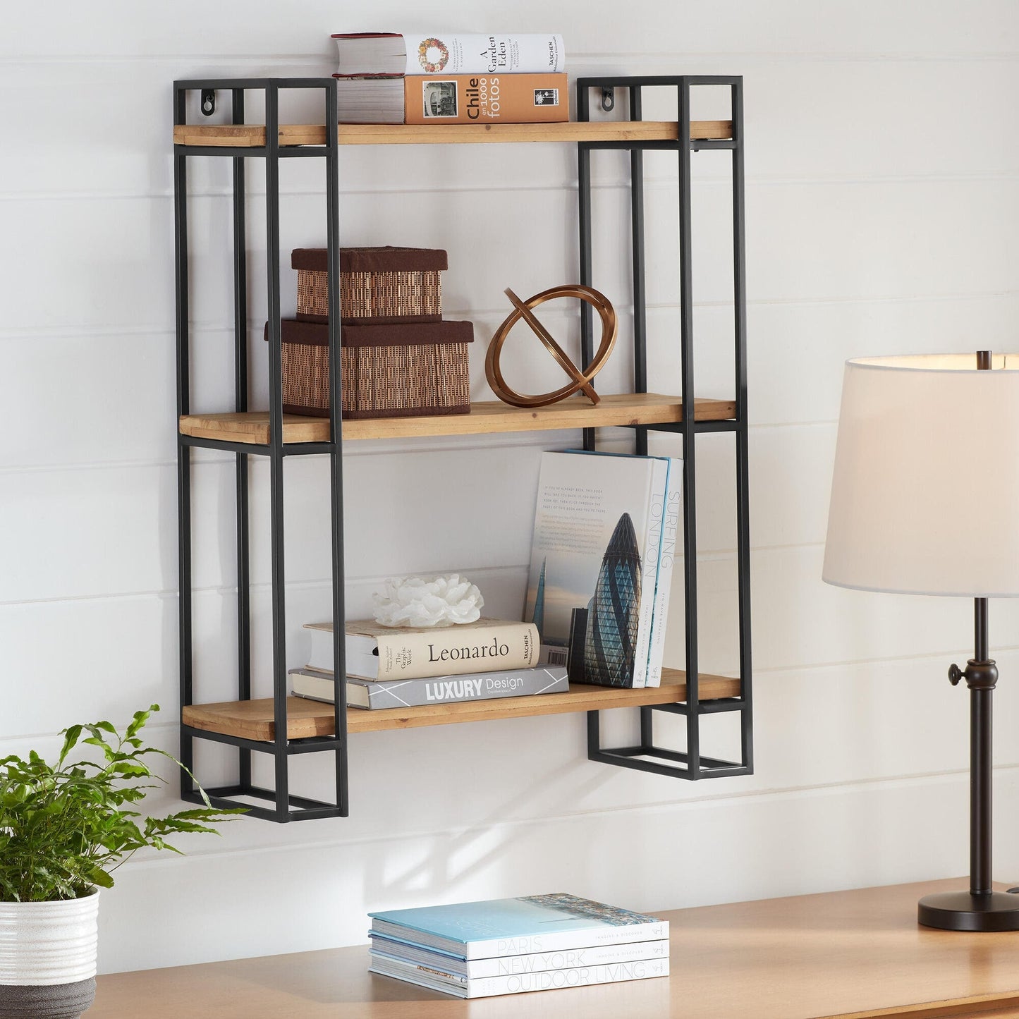 30H Wood and Black Metal Wall-Mount Display Shelf, Wall Shelves Organizer