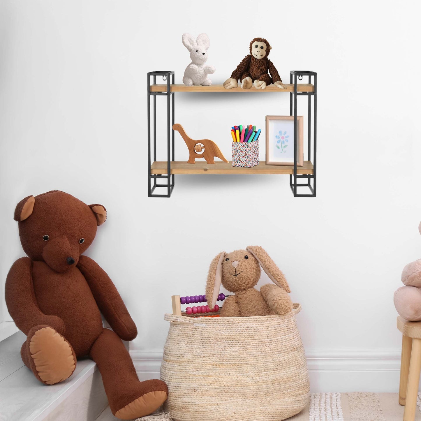 18H Wood and Black Metal Wall-Mount Display Shelf, Wall Shelves Organizer