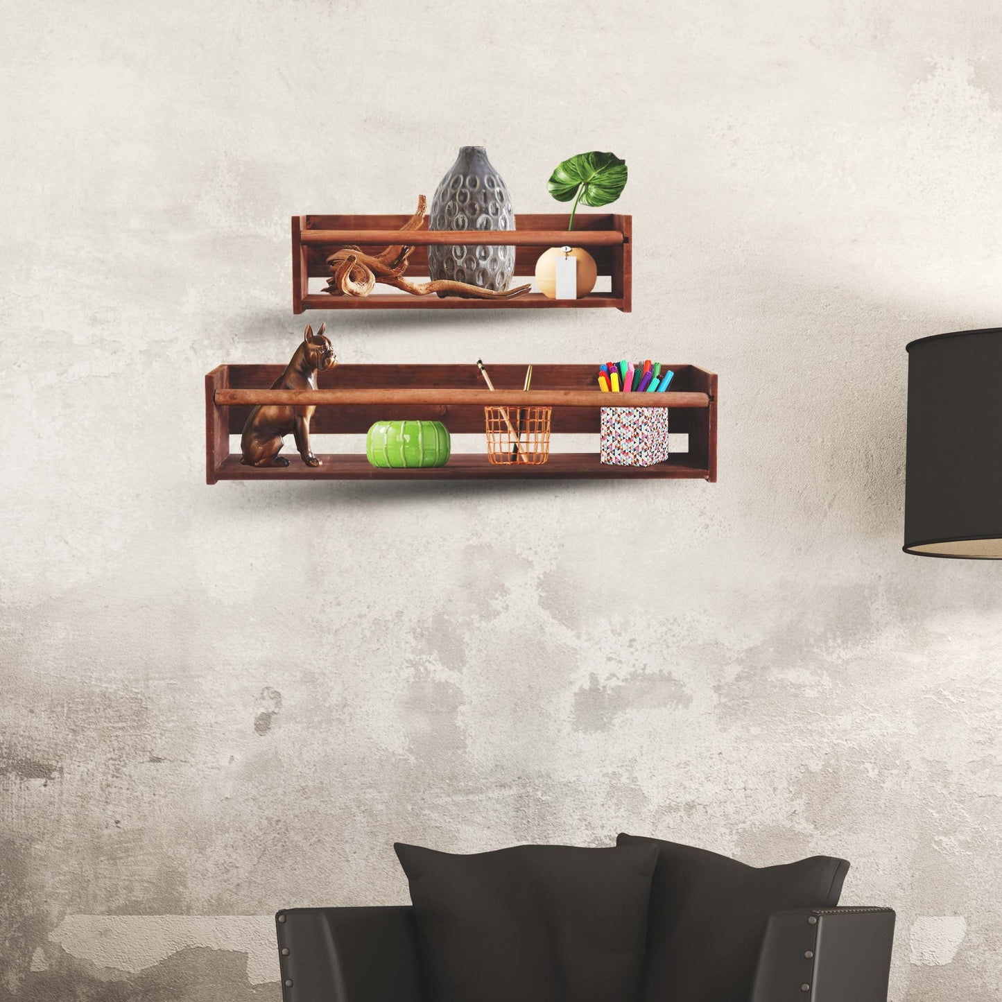 Wood Floating Wall Shelves Set of 2, Wall Shelves Organizer (Dark Stain)