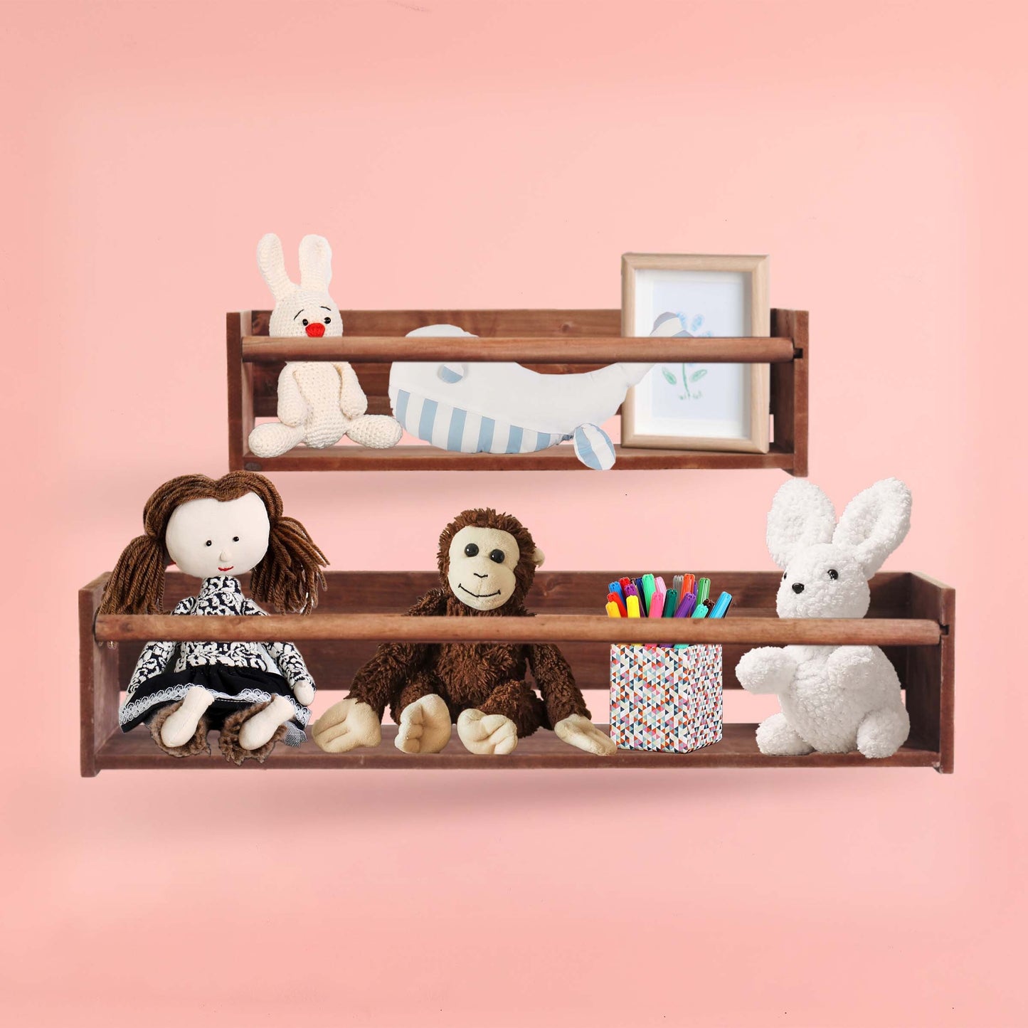 Wood Floating Wall Shelves Set of 2, Wall Shelves Organizer (Dark Stain)