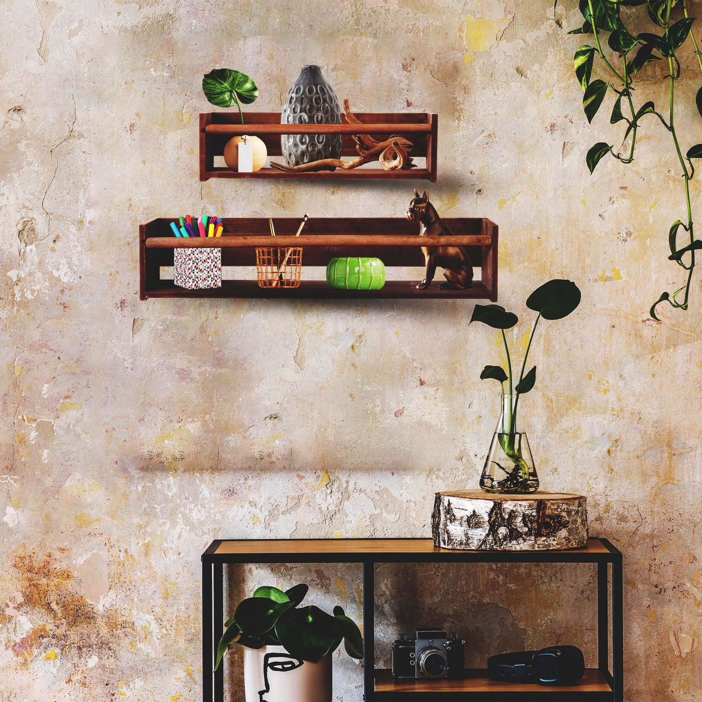 Wood Floating Wall Shelves Set of 2, Wall Shelves Organizer (Dark Stain)