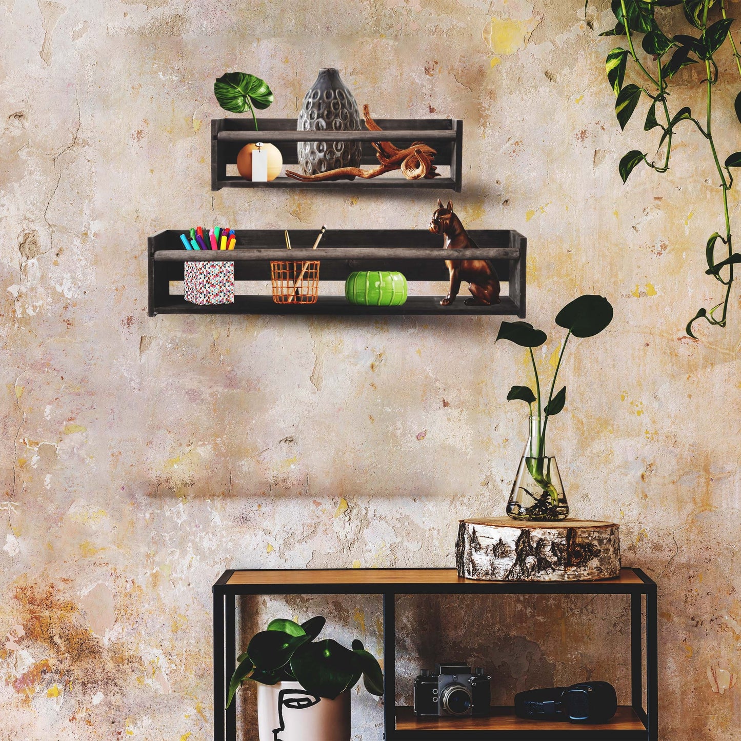 Wood Floating Wall Shelves Set of 2, Wall Shelves Organizer (Distressed Gray)