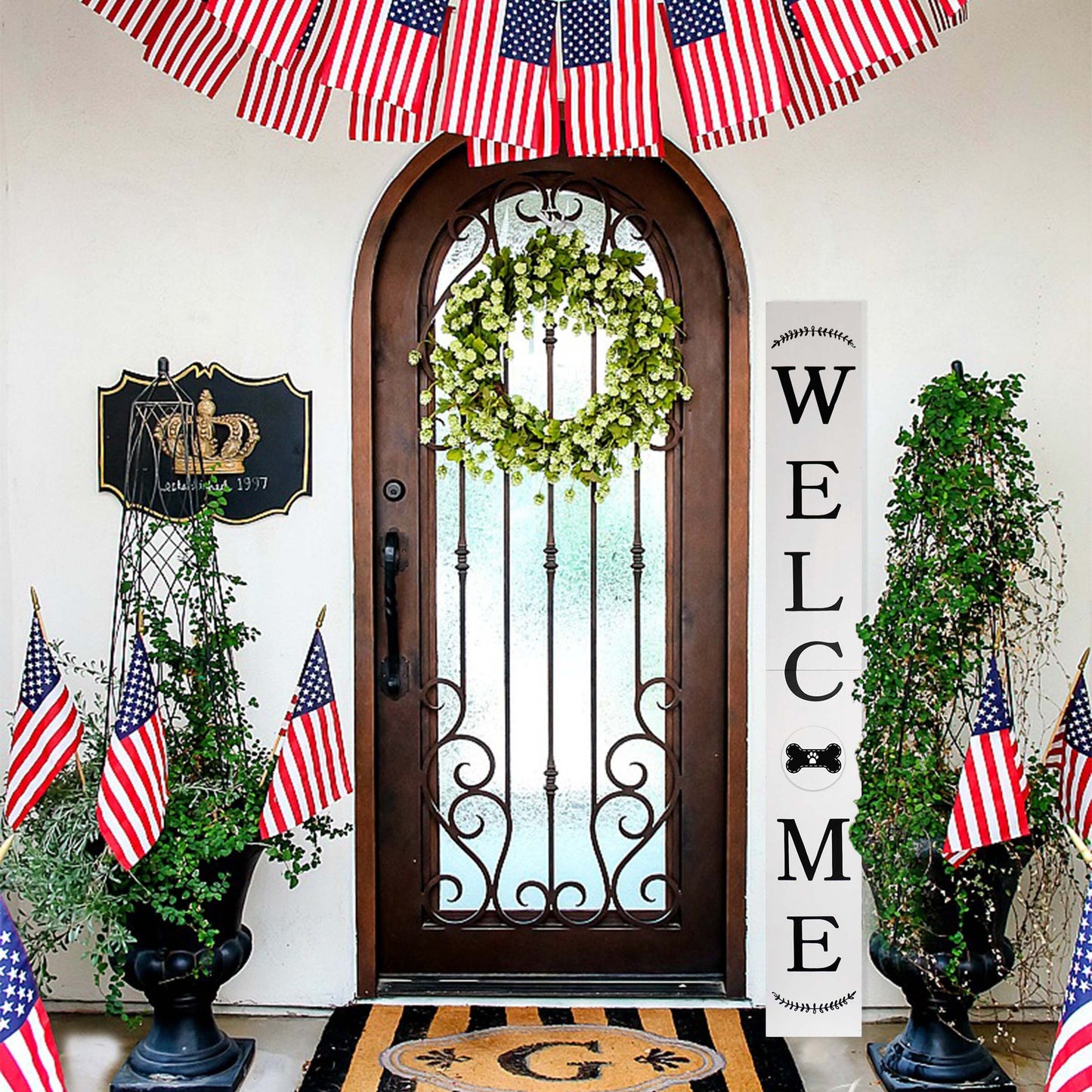 72in Outdoor Welcome Sign for Front Door with Dog Bone Paw, 6ft White Welcome Sign,Rustic Tall Welcome Sign for Front Porch Decor