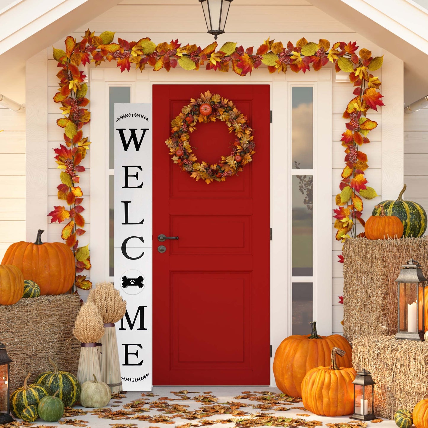 72in Outdoor Welcome Sign for Front Door with Dog Bone Paw, 6ft White Welcome Sign,Rustic Tall Welcome Sign for Front Porch Decor