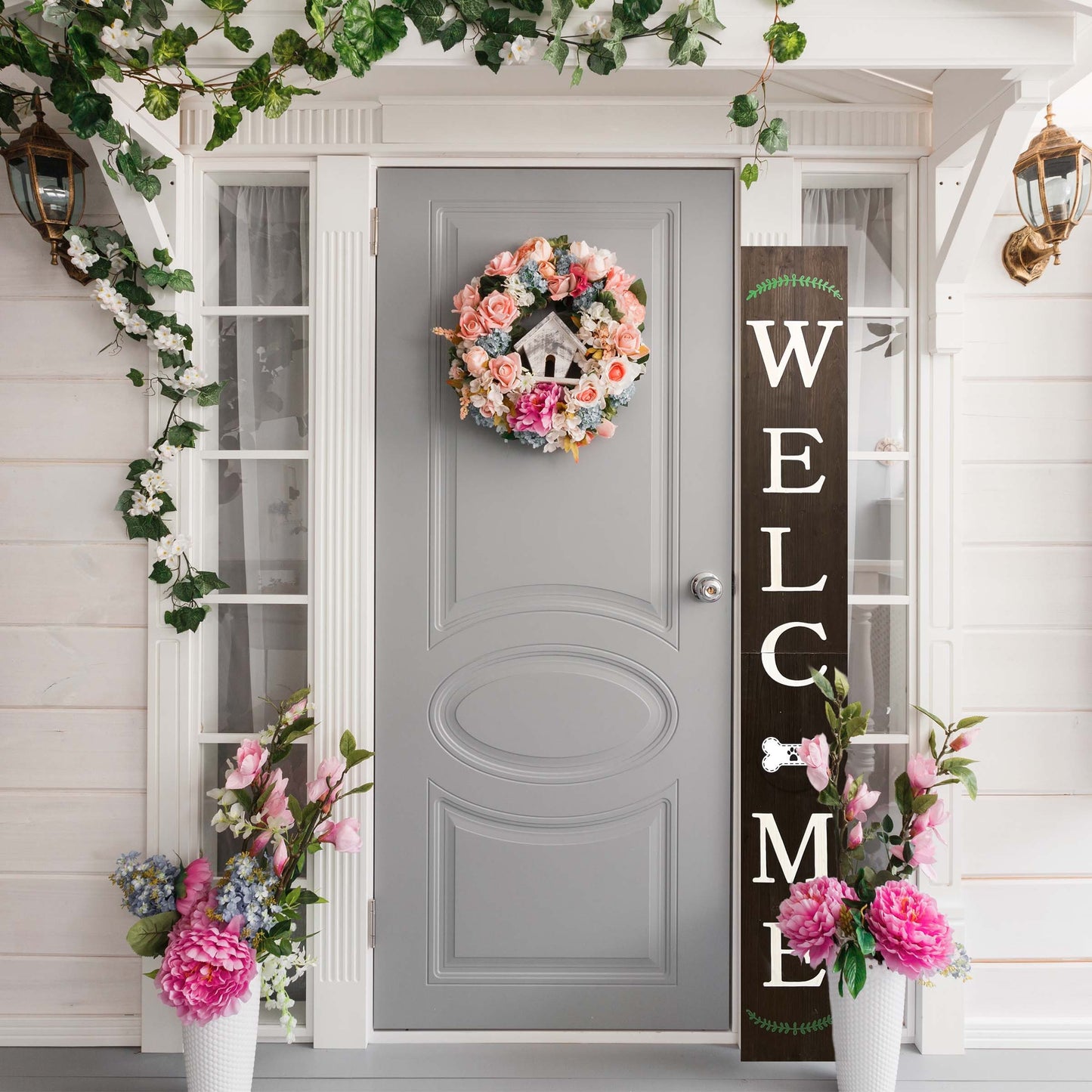 72in Outdoor Welcome Sign for Front Door with Dog Bone Paw, 6ft Brown Welcome Sign,Rustic Tall Welcome Sign for Front Porch Decor