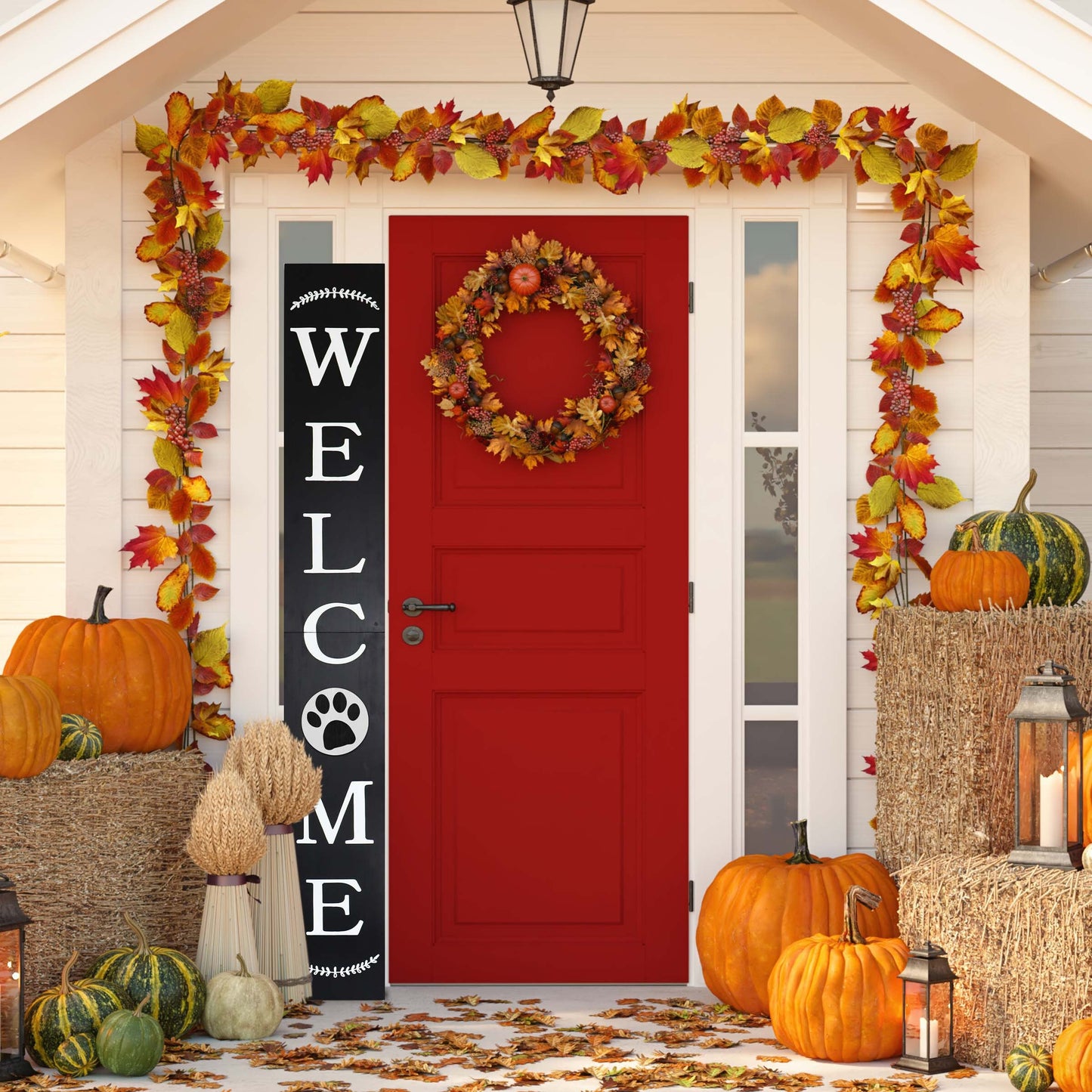72in Outdoor Welcome Sign for Front Door with Dog Bone Paw, 6ft Black Welcome Sign,Rustic Fun Door Sign for Front Porch Decor