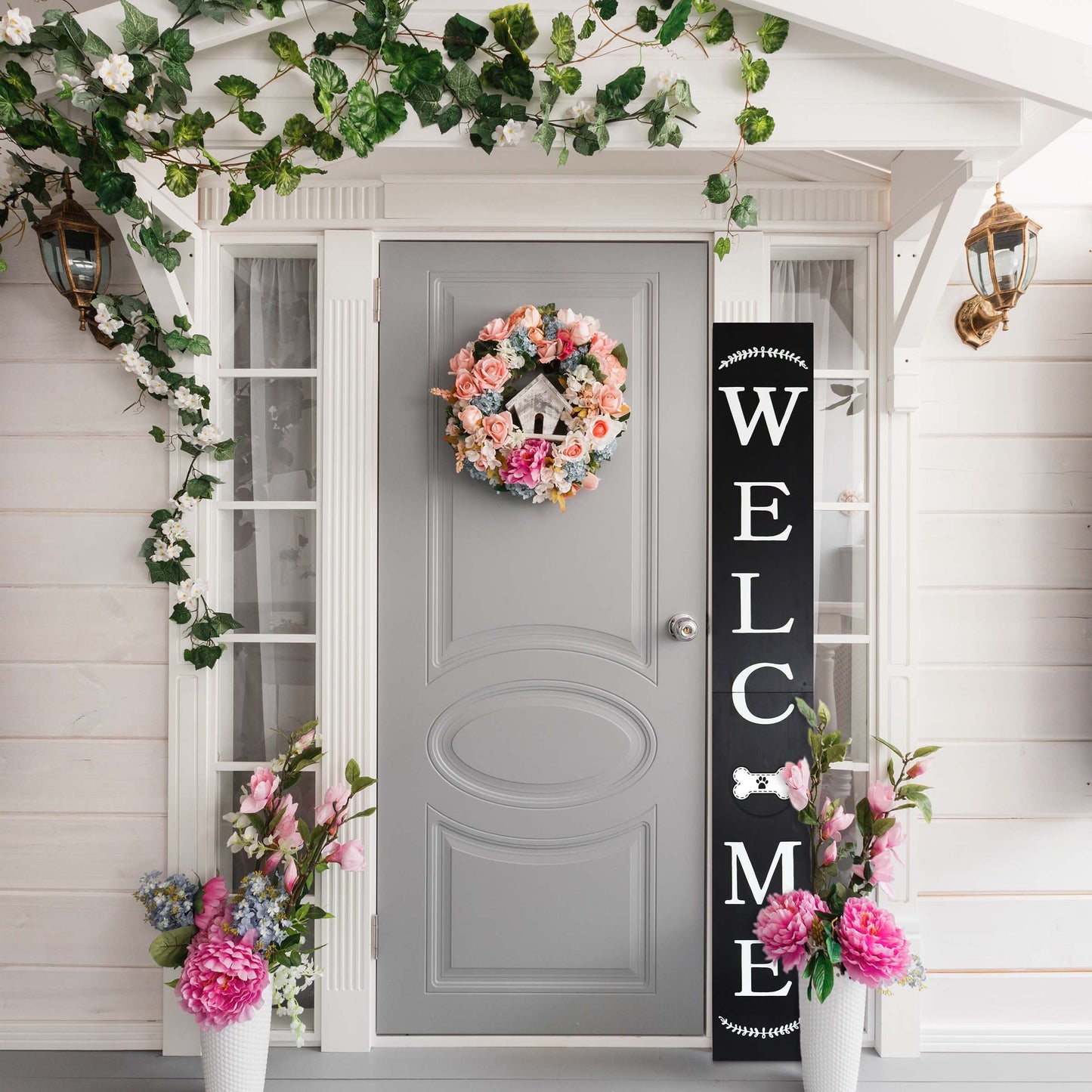 72in Outdoor Welcome Sign for Front Door with Dog Bone Paw, 6ft Black Welcome Sign,Rustic Fun Door Sign for Front Porch Decor