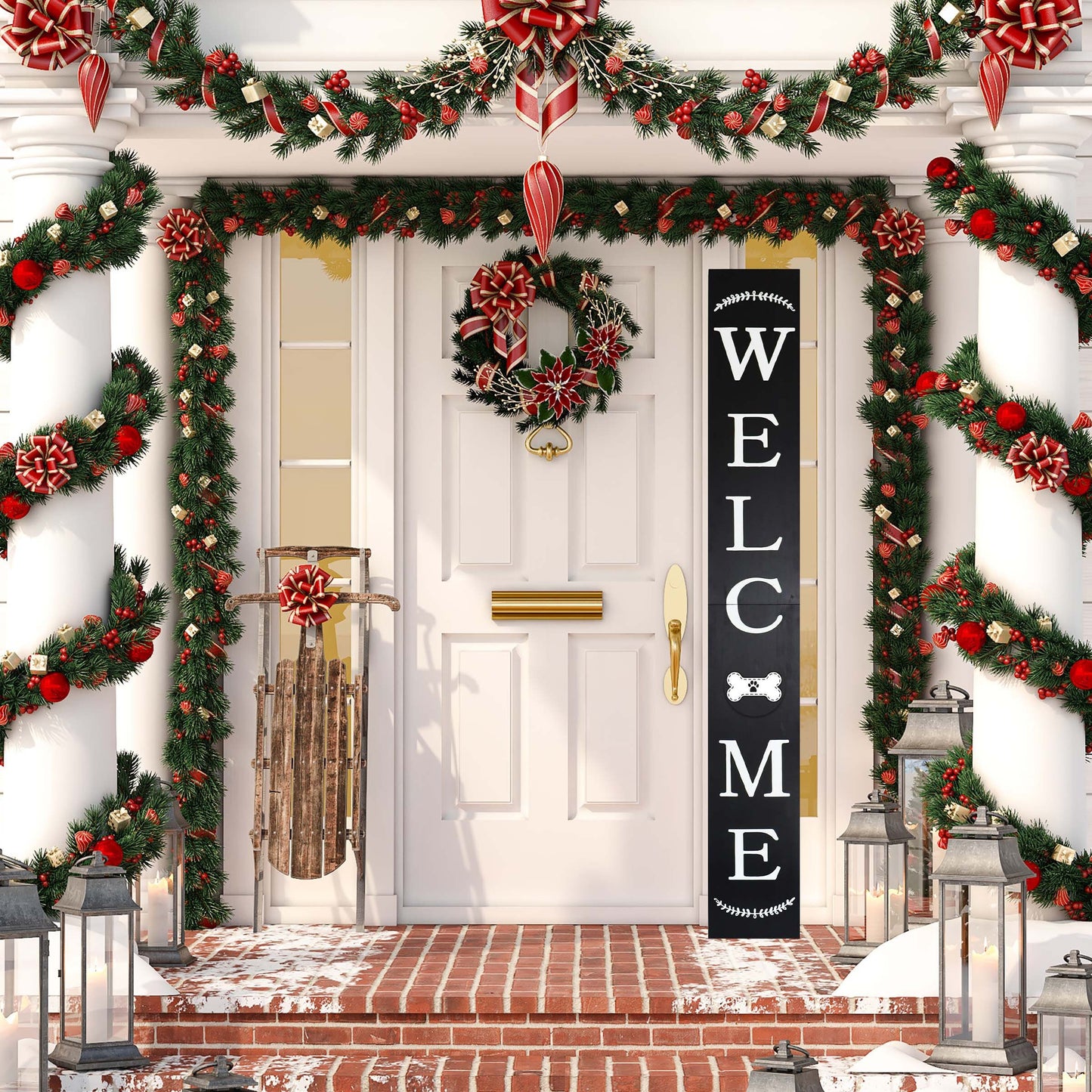 72in Outdoor Welcome Sign for Front Door with Dog Bone Paw, 6ft Black Welcome Sign,Rustic Fun Door Sign for Front Porch Decor