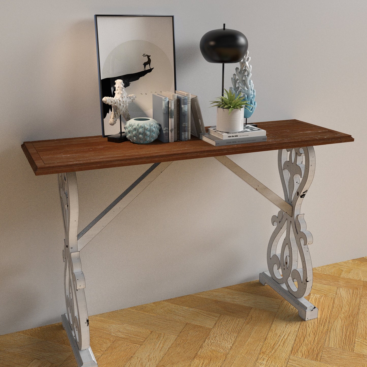 Solid Wood Baxter Console Table, Distressed White and Natural