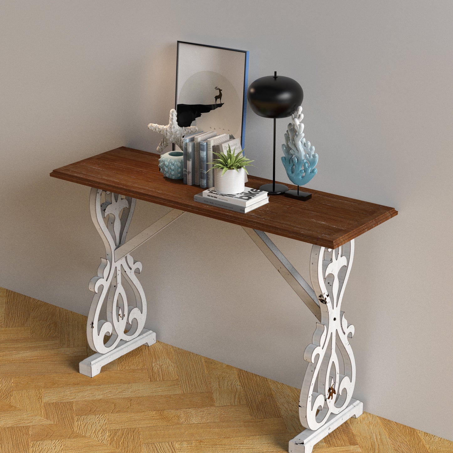 Solid Wood Baxter Console Table, Distressed White and Natural