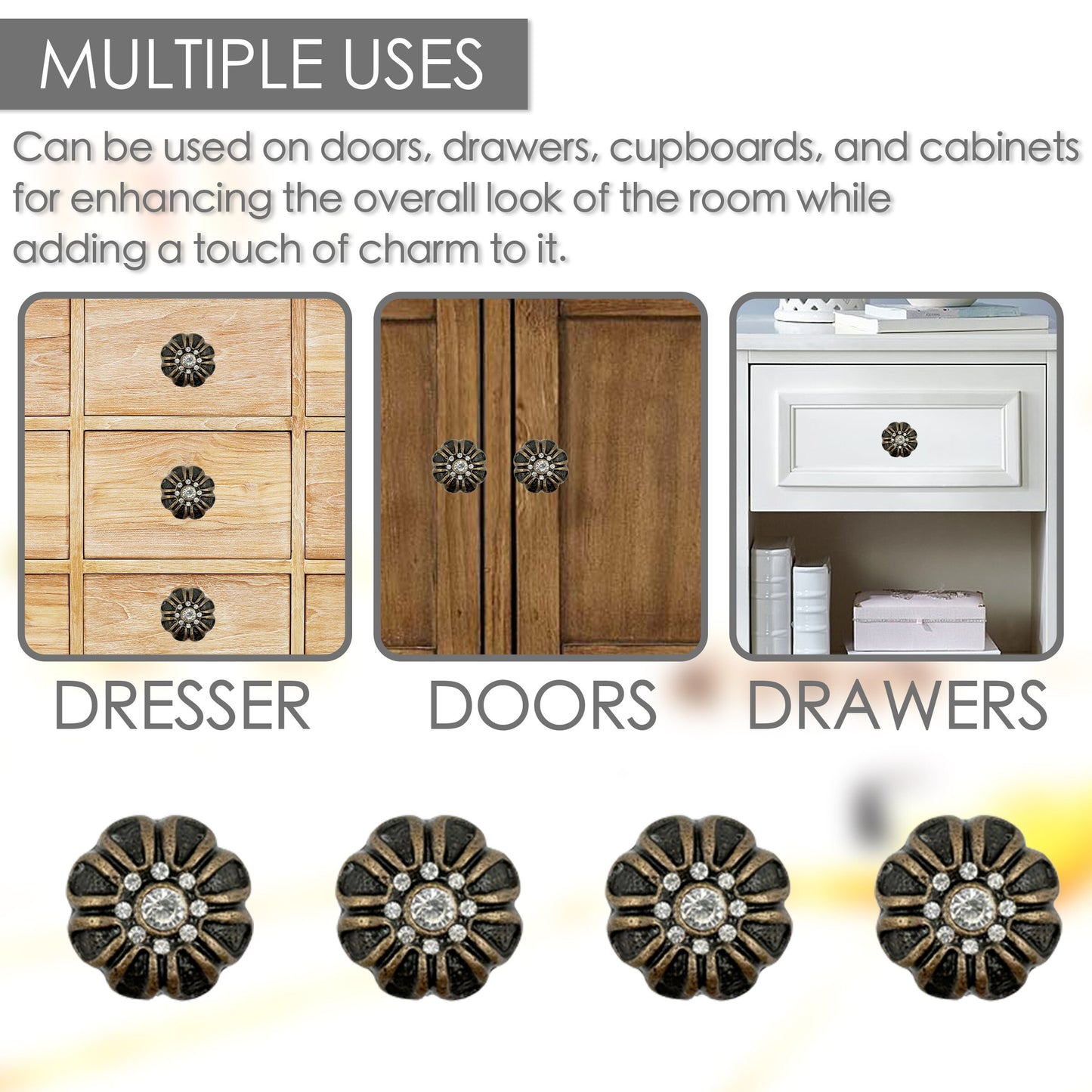 Cast Iron Rhinest Flower Cabinet Knobs 6 Pack Knobs for Cabinets and Drawers, Closet Door Knobs, Drawer Pulls and Knobs with Mounting Screws