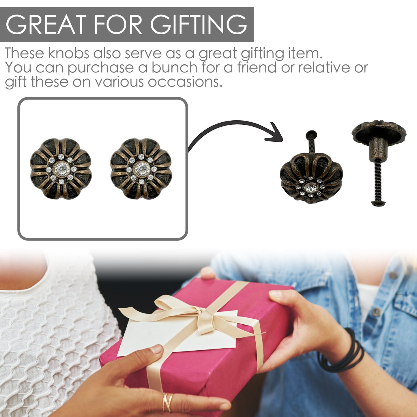 Cast Iron Rhinest Flower Cabinet Knobs 6 Pack Knobs for Cabinets and Drawers, Closet Door Knobs, Drawer Pulls and Knobs with Mounting Screws