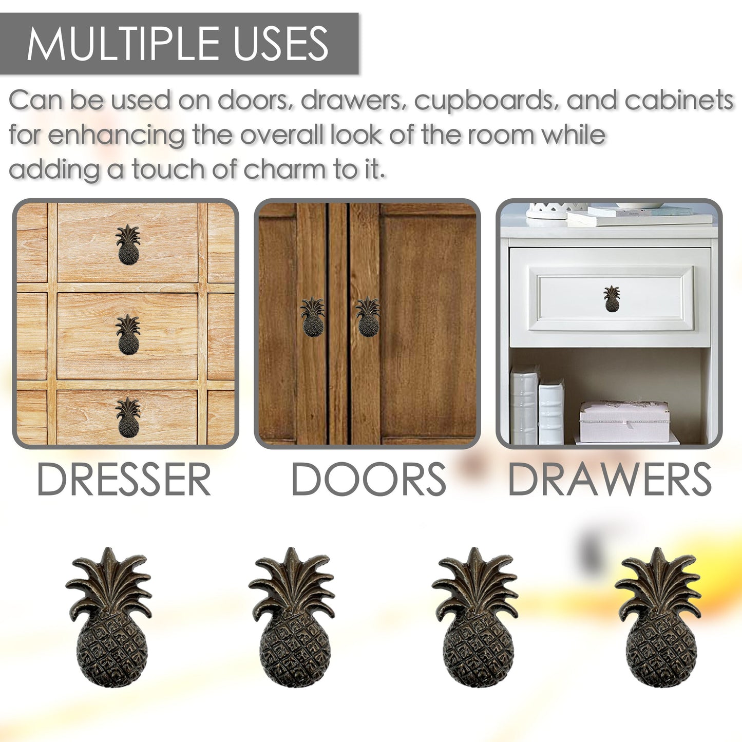 Cast Iron Pineapple Cabinet Knobs 6 Pack Knobs for Cabinets and Drawers, Closet Door Knobs, Drawer Pulls and Knobs with Mounting Screw
