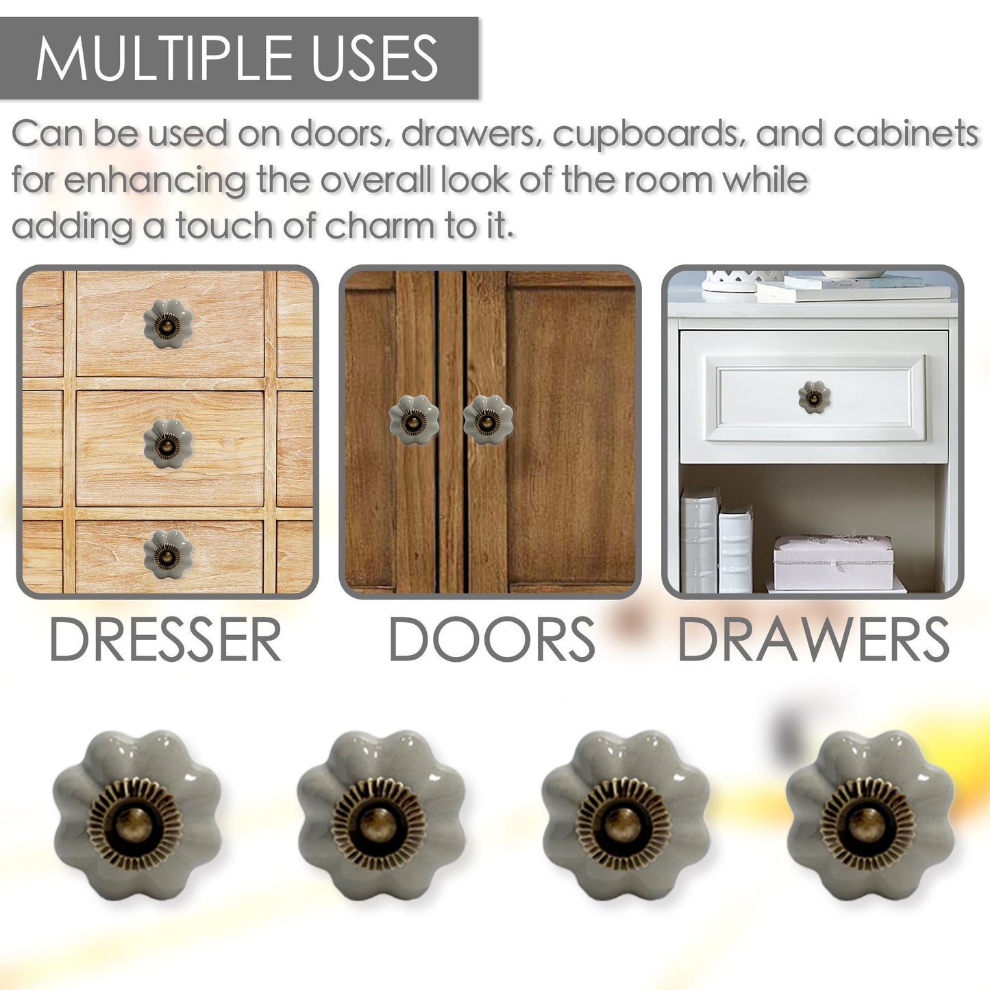 Gray Ceramic Scallop Cabinet Knobs 6 Pack - Elegant Drawer Pulls, Closet Door Knobs, Cupboard Handles with Mounting Screws for Cabinets