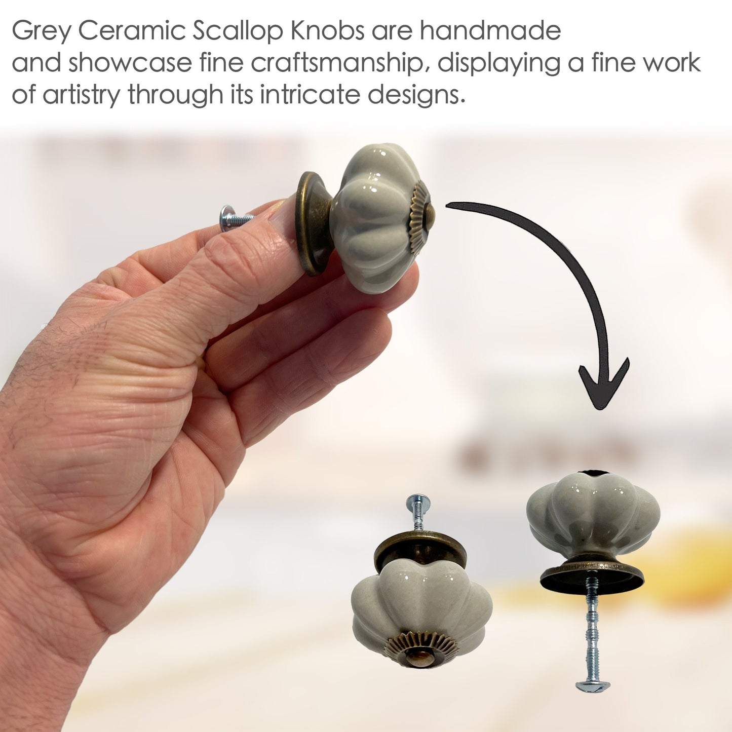 Gray Ceramic Scallop Cabinet Knobs 6 Pack - Elegant Drawer Pulls, Closet Door Knobs, Cupboard Handles with Mounting Screws for Cabinets