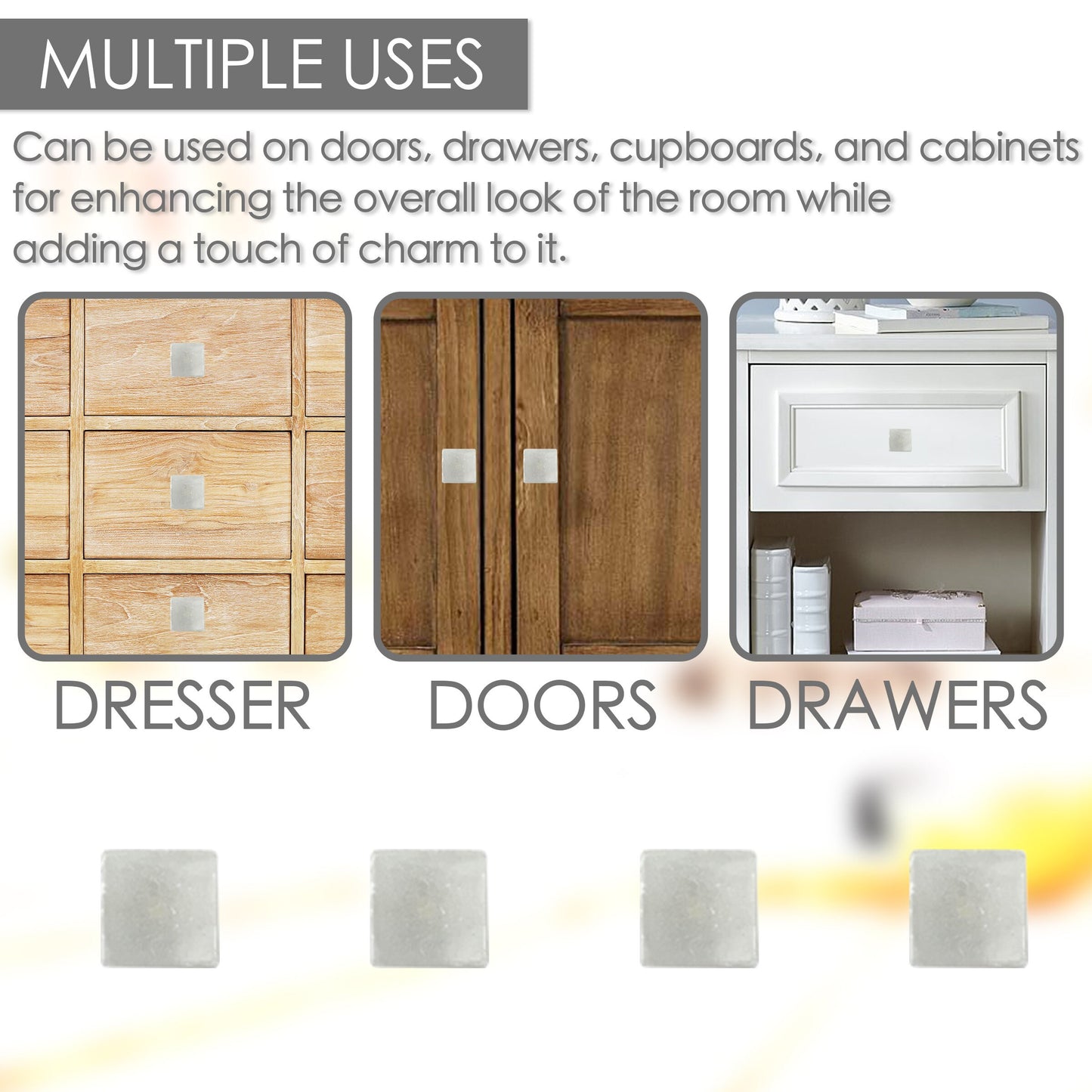 Stone Square Cabinet Knobs 6 Pack Knobs for Cabinets and Drawers, Closet Door Knobs, Drawer Pulls and Knobs with Mounting Screws (White)